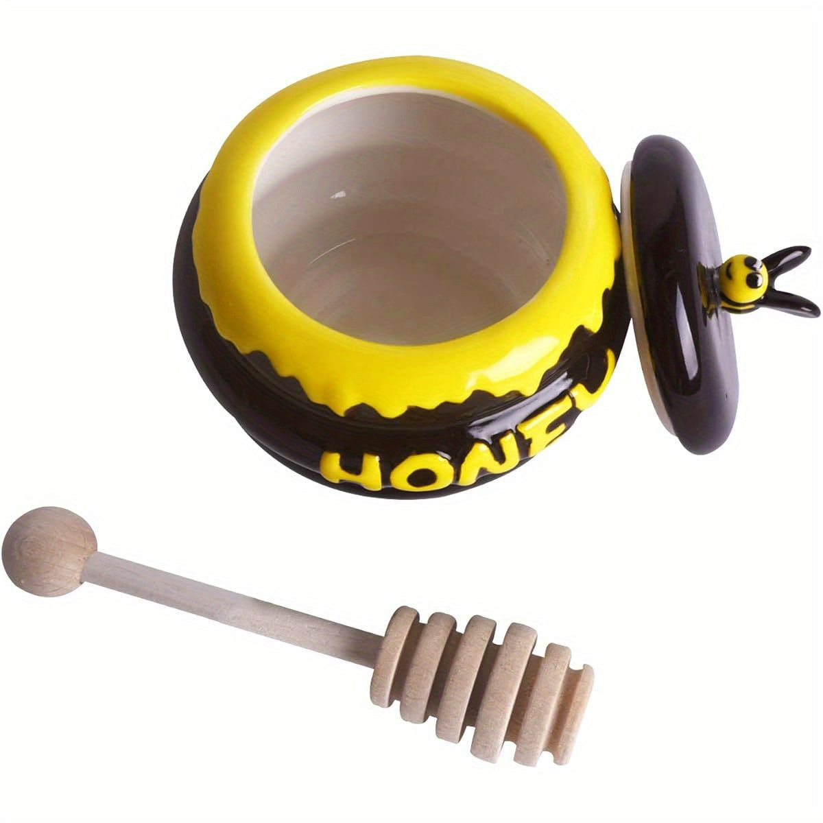 Mini Ceramic Honey Jar with Lid and Dipper in Bee Design