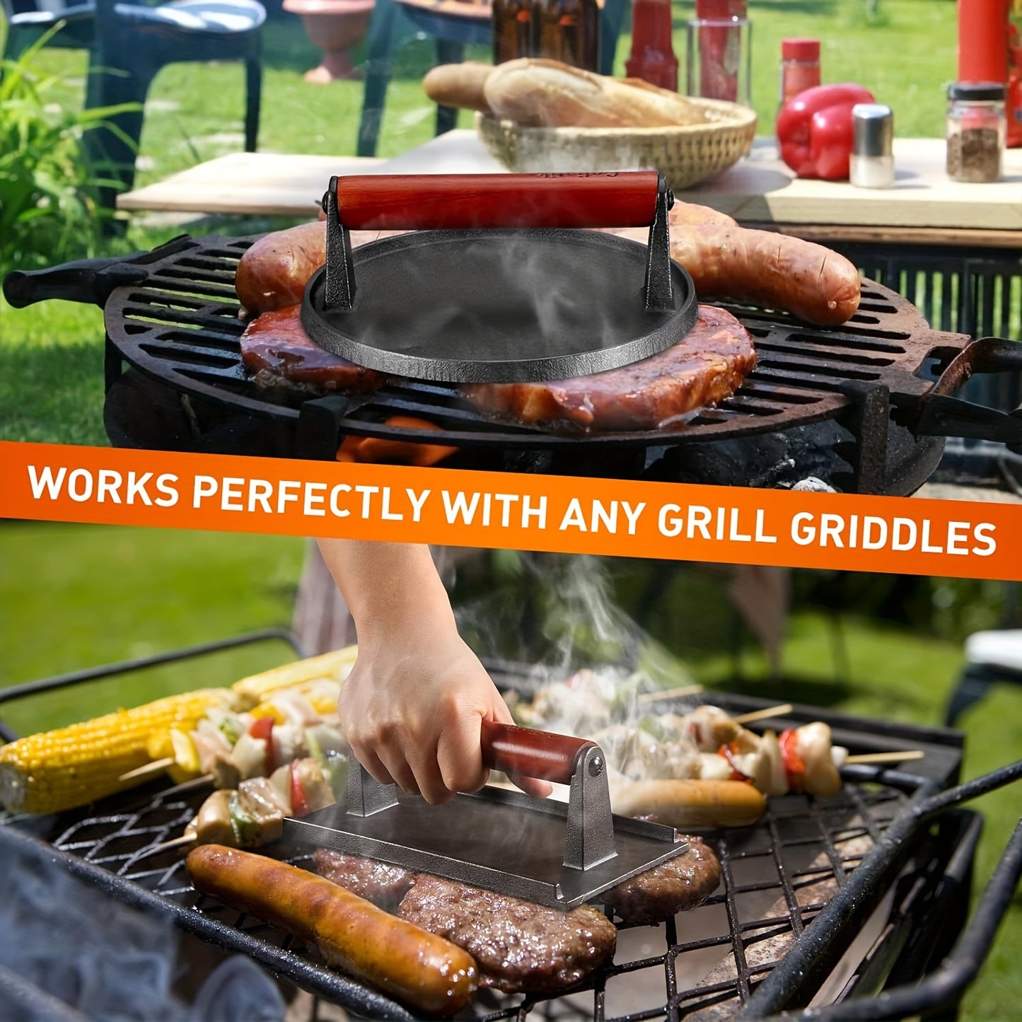 2 Pieces Burger Press Set Heavy Duty Cast Iron Round and Rectangle Meat Smash Press with Wood Handle for Griddle and Nonstick Pan