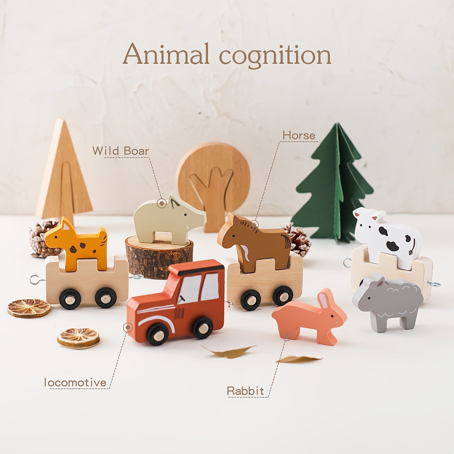 Wooden Farm Train Toy Set for Kids with Detachable Animals