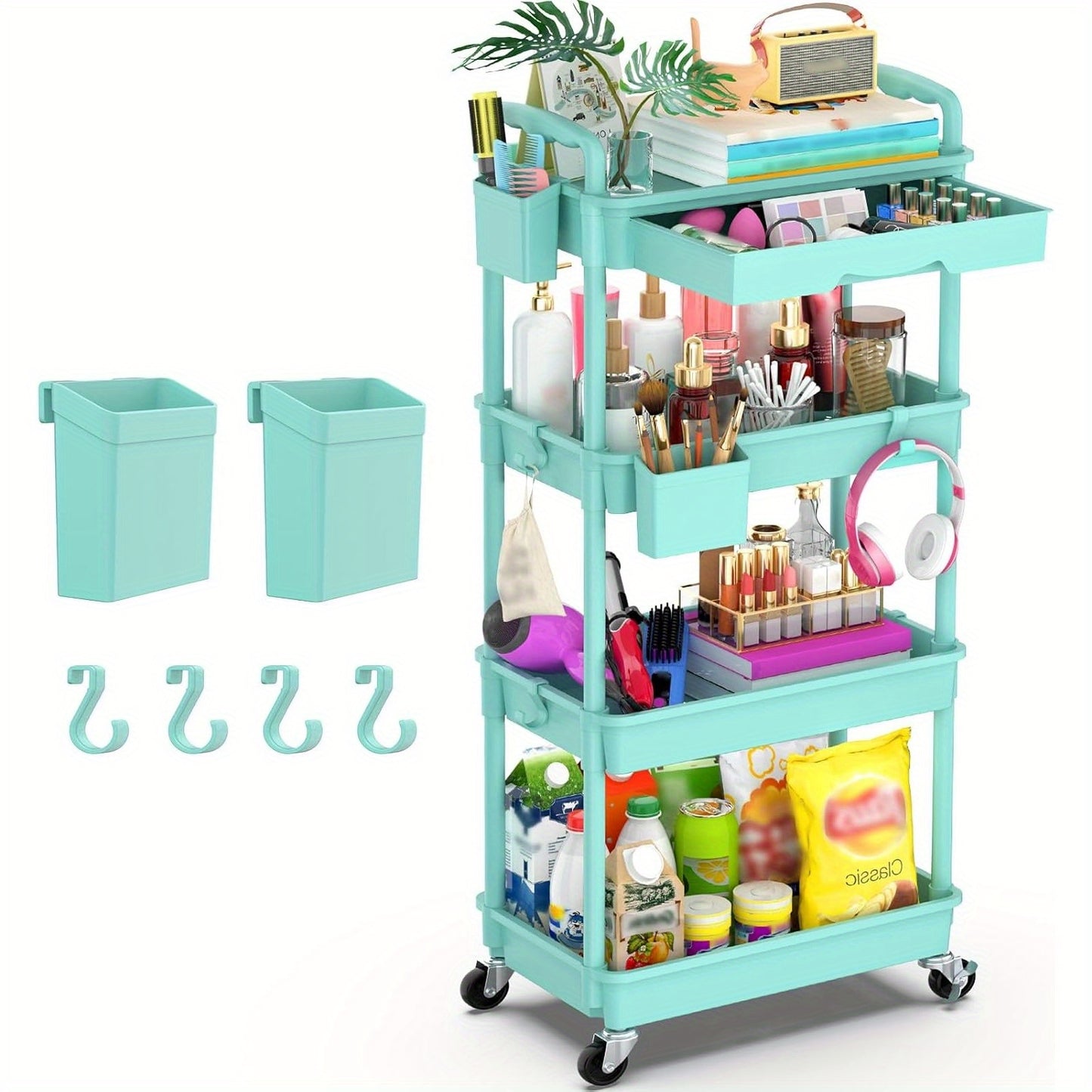 Rolling Utility Cart Organizer with Removable Drawer in White