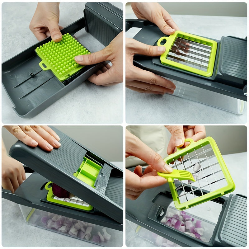 14 Piece Set Upgraded Vegetable Chopper Multifunctional Fruit Slicer Handle Food Grater Vegetable Slicer Cutter With Container Onion Mincer Chopper With Multiple Interchangeable Blades Household Potato Shredder Kitchen