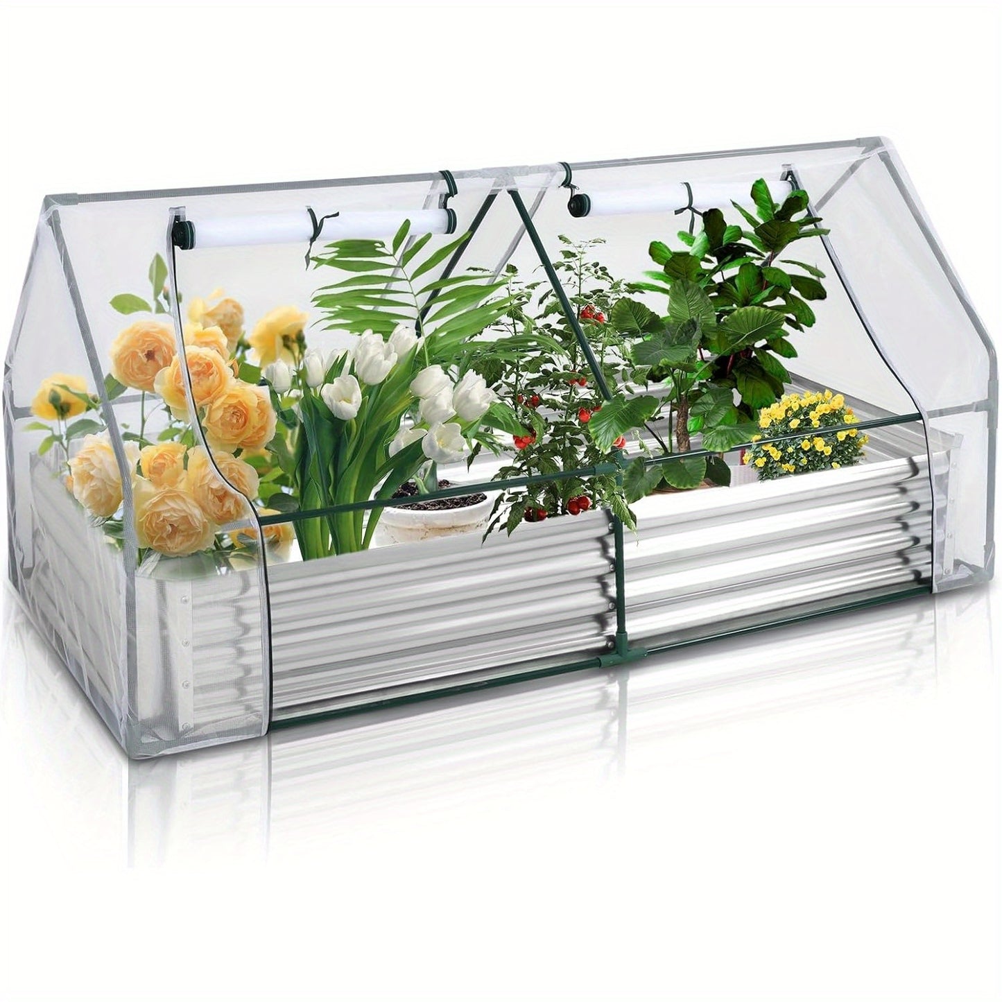 6x3x1FT Galvanized Raised Garden Bed with greenhouse