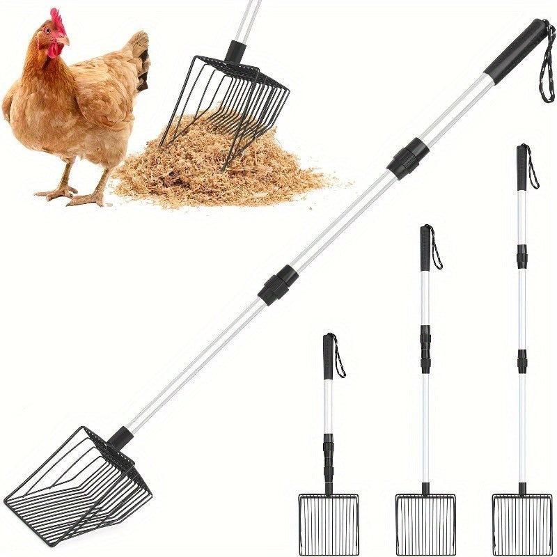 Heavy Duty 3 in 1 Chicken Manure Shovel Adjustable Long Handle Durable Metal Design Easy Screening for Pine Wood Pellets and Chicken Coop Cleaning Essential Tool for Poultry Care and Maintenance