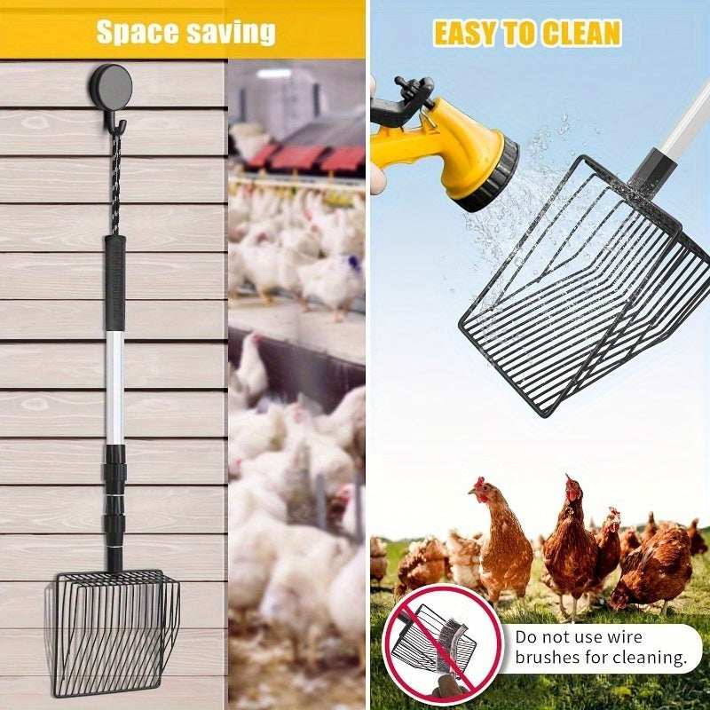 Heavy Duty 3 in 1 Chicken Manure Shovel Adjustable Long Handle Durable Metal Design Easy Screening for Pine Wood Pellets and Chicken Coop Cleaning Essential Tool for Poultry Care and Maintenance