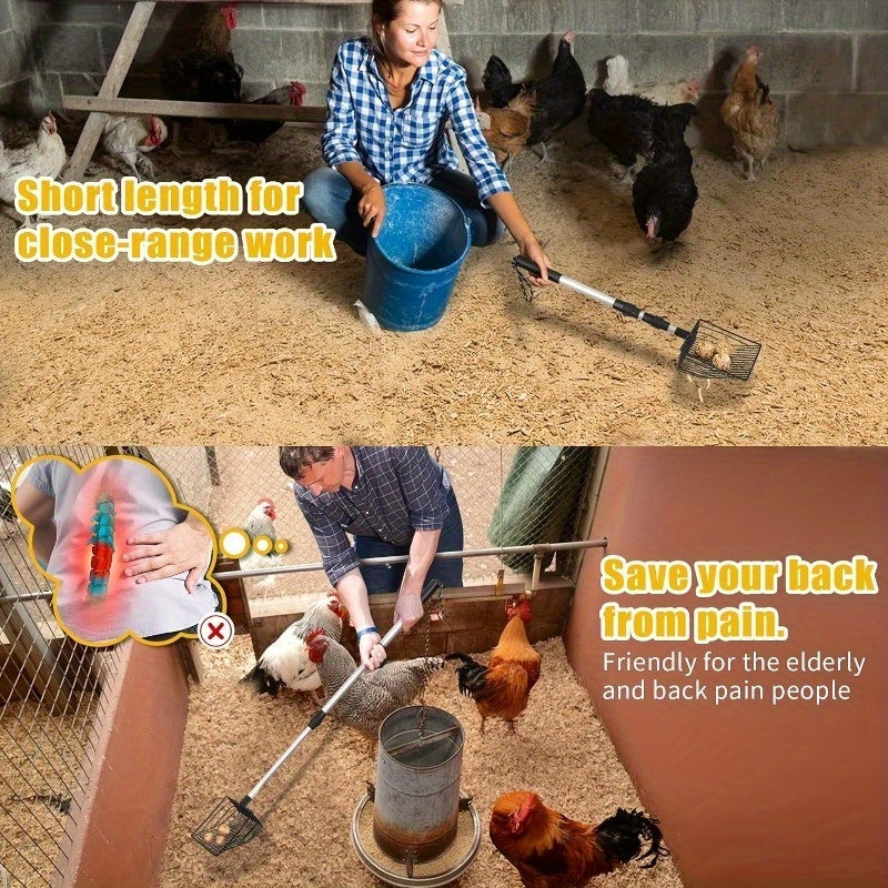 Heavy Duty 3 in 1 Chicken Manure Shovel Adjustable Long Handle Durable Metal Design Easy Screening for Pine Wood Pellets and Chicken Coop Cleaning Essential Tool for Poultry Care and Maintenance