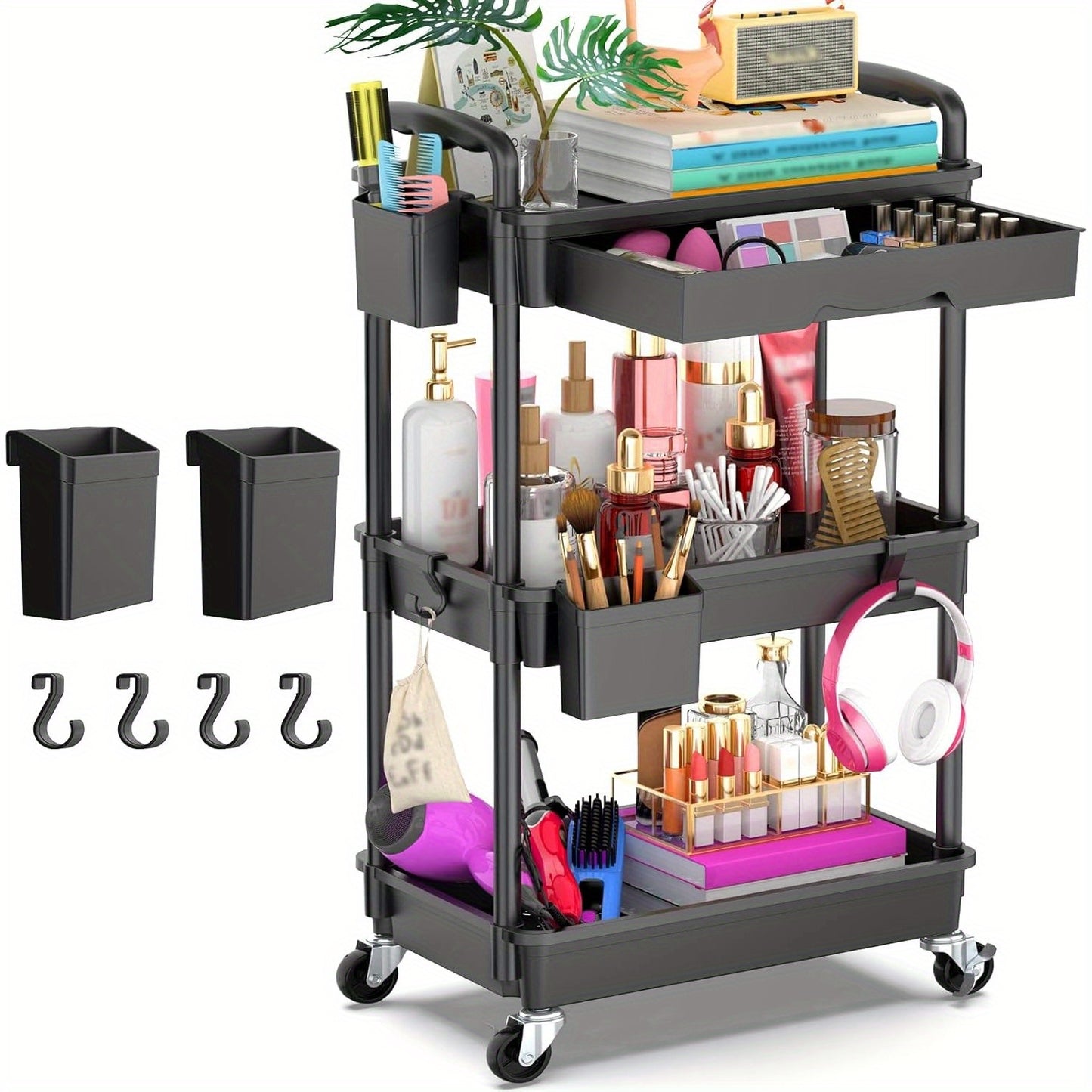 Rolling Utility Cart Organizer with Removable Drawer in White
