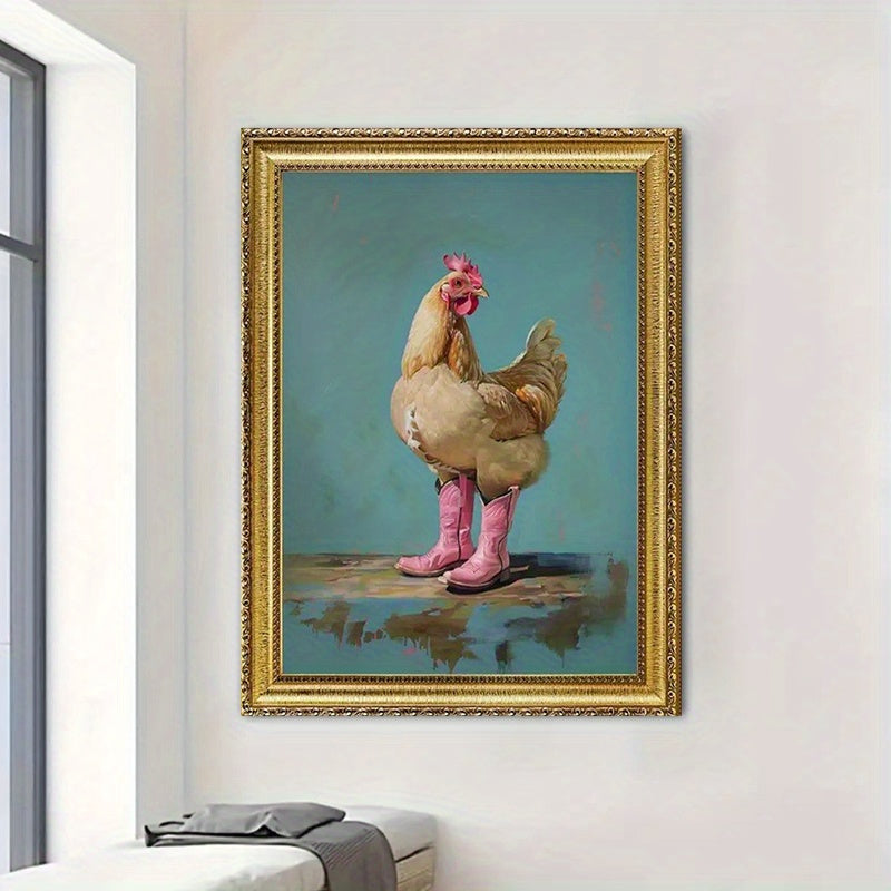 Whimsical Chicken in Pink Cowboy Boots Framed Canvas Art