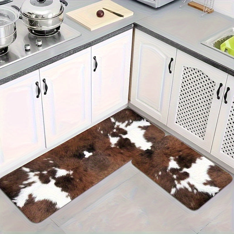 Brown and White Cow Print Kitchen Mat Set for Farmhouse Decor