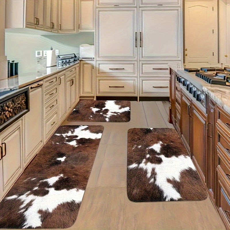 Brown and White Cow Print Kitchen Mat Set for Farmhouse Decor