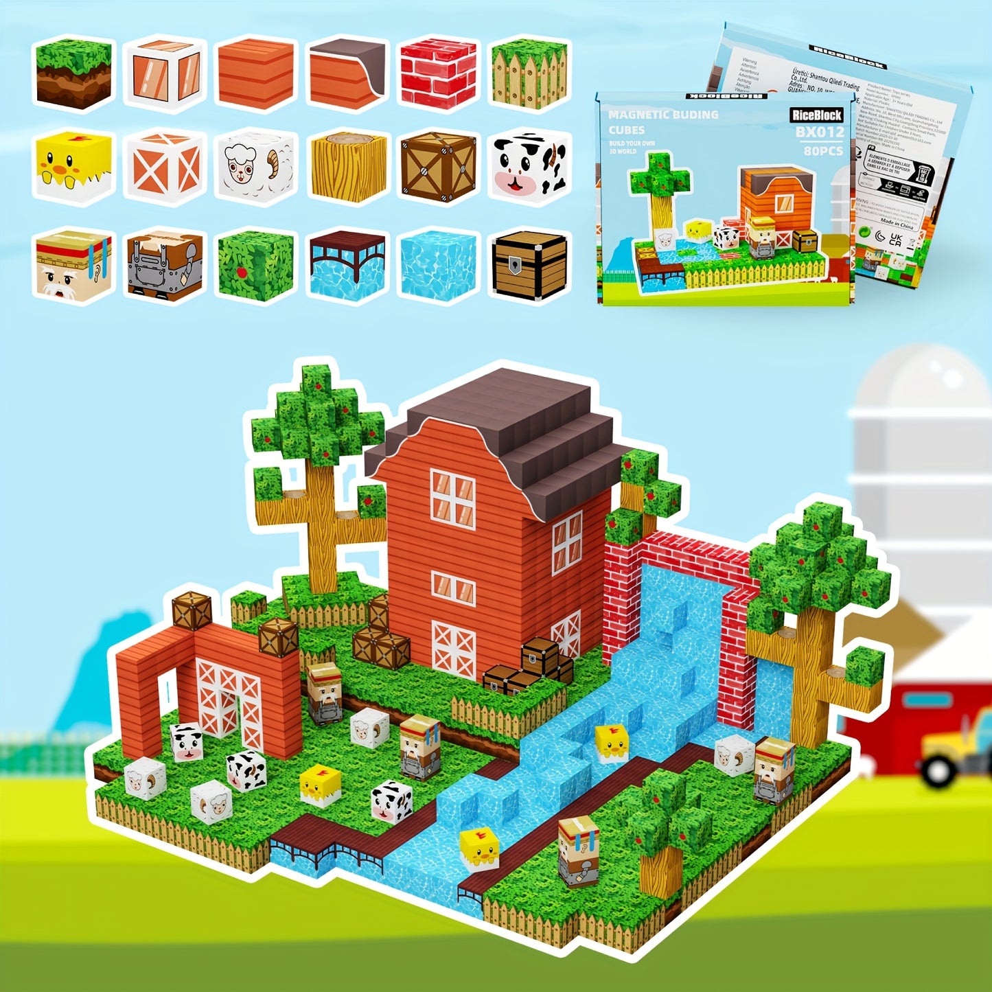 Magnetic Building Blocks Farm Theme 80pcs for Ages 3 Plus