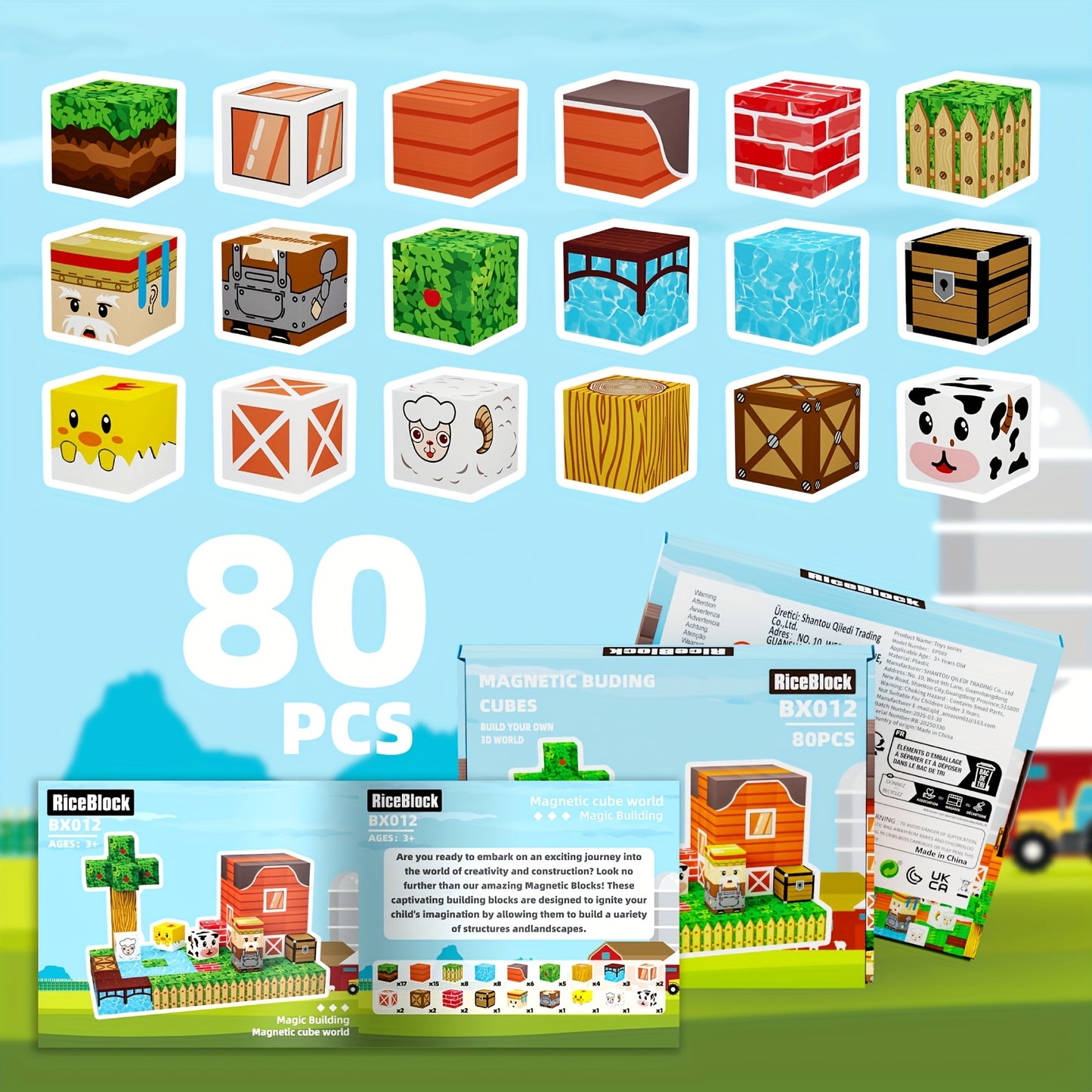 Magnetic Building Blocks Farm Theme 80pcs for Ages 3 Plus