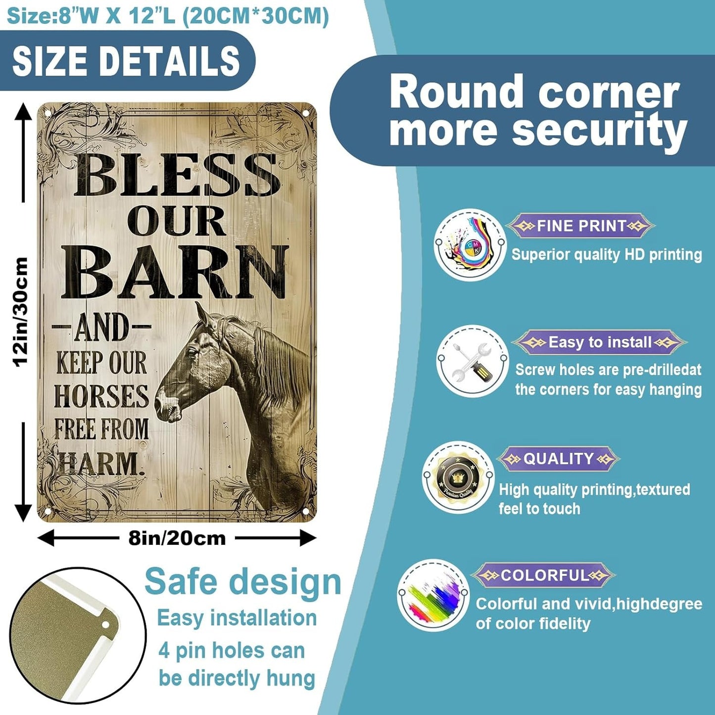 Bless Our Barn Horse Metal Sign Classic Wall Decoration 12x8 Inch