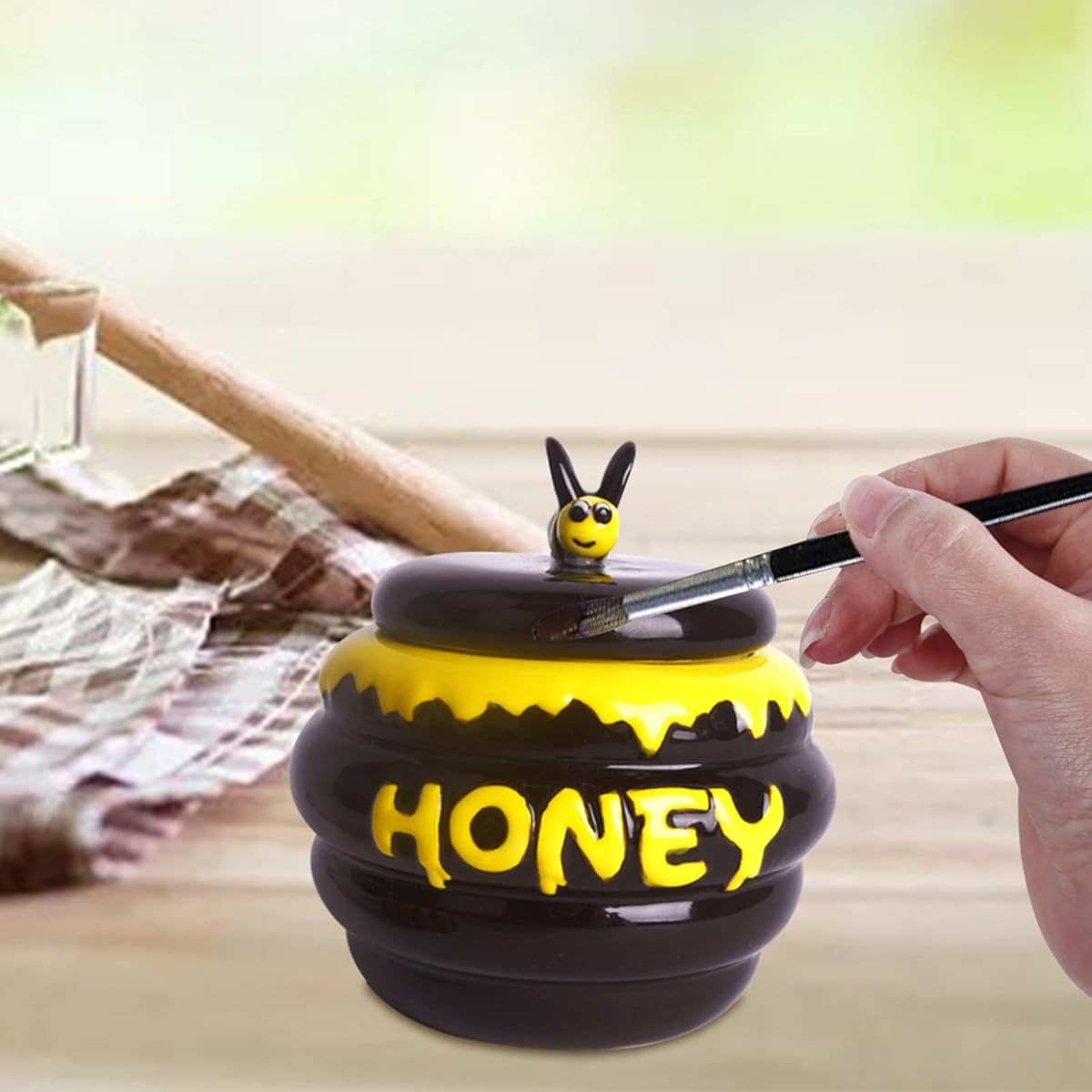 Mini Ceramic Honey Jar with Lid and Dipper in Bee Design