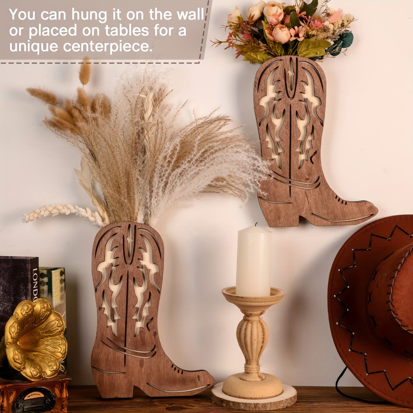Wood Cowboy Boots Wall Planter Set for Indoor Plants Decor