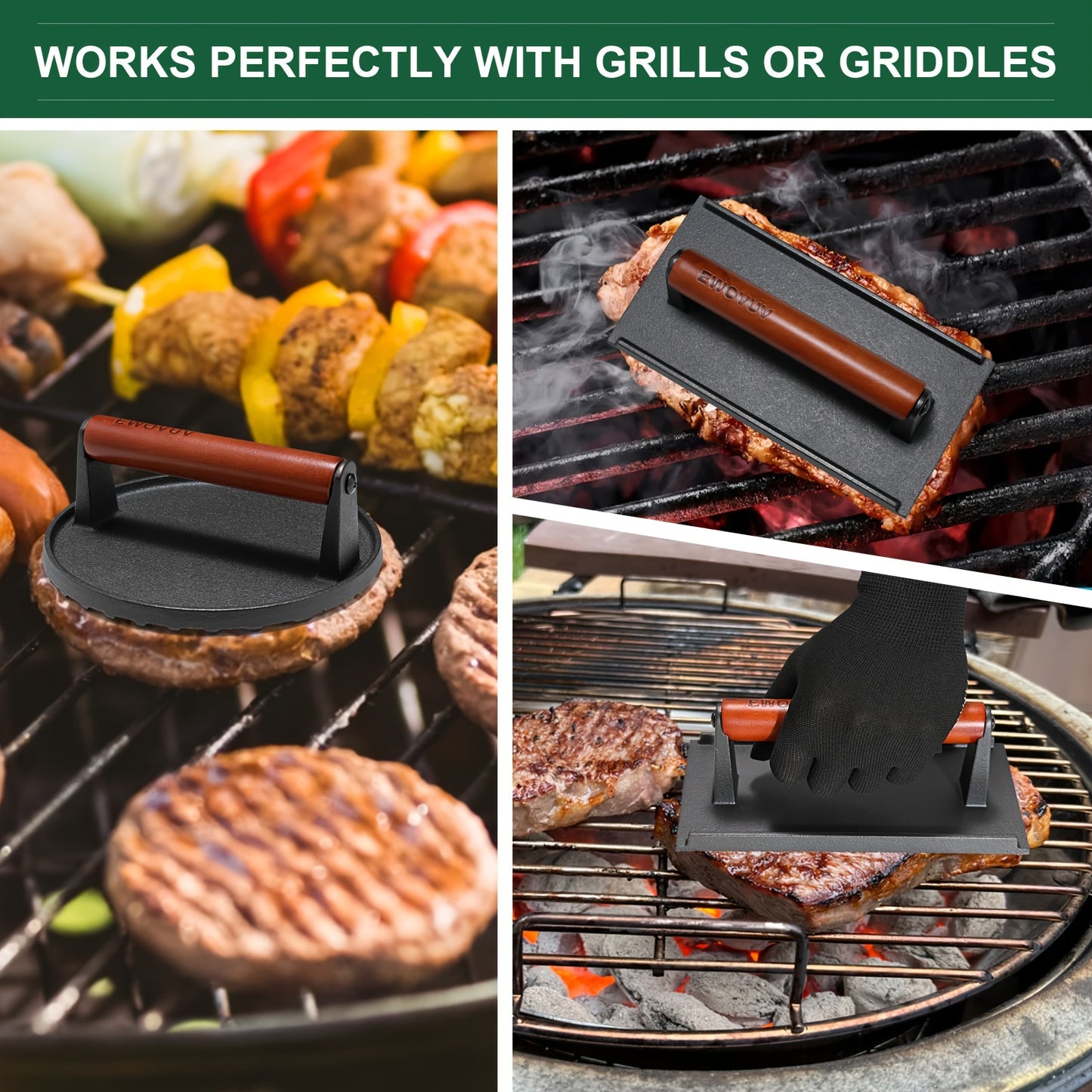 2 Pieces Burger Press Set Heavy Duty Cast Iron Round and Rectangle Meat Smash Press with Wood Handle for Griddle and Nonstick Pan