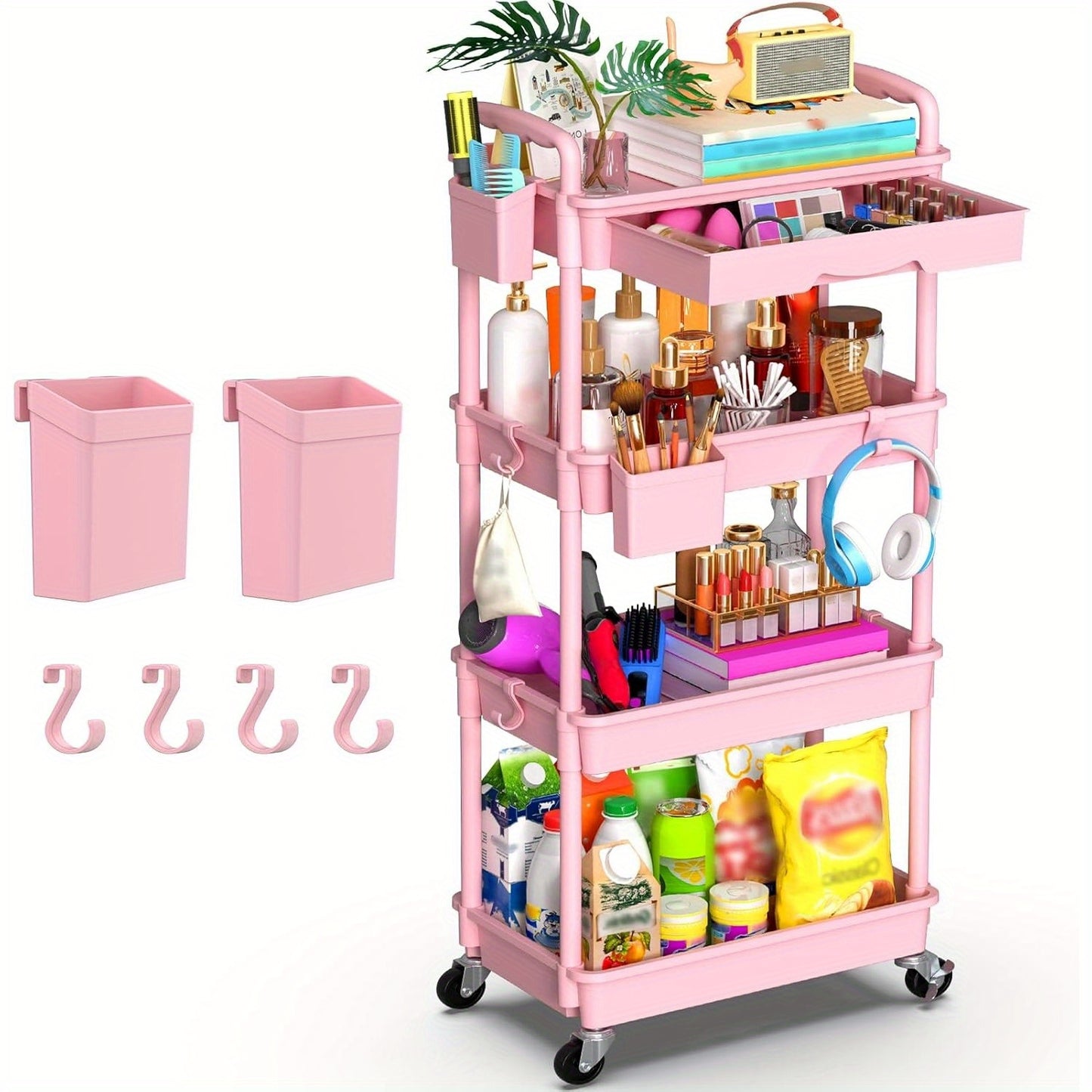 Rolling Utility Cart Organizer with Removable Drawer in White