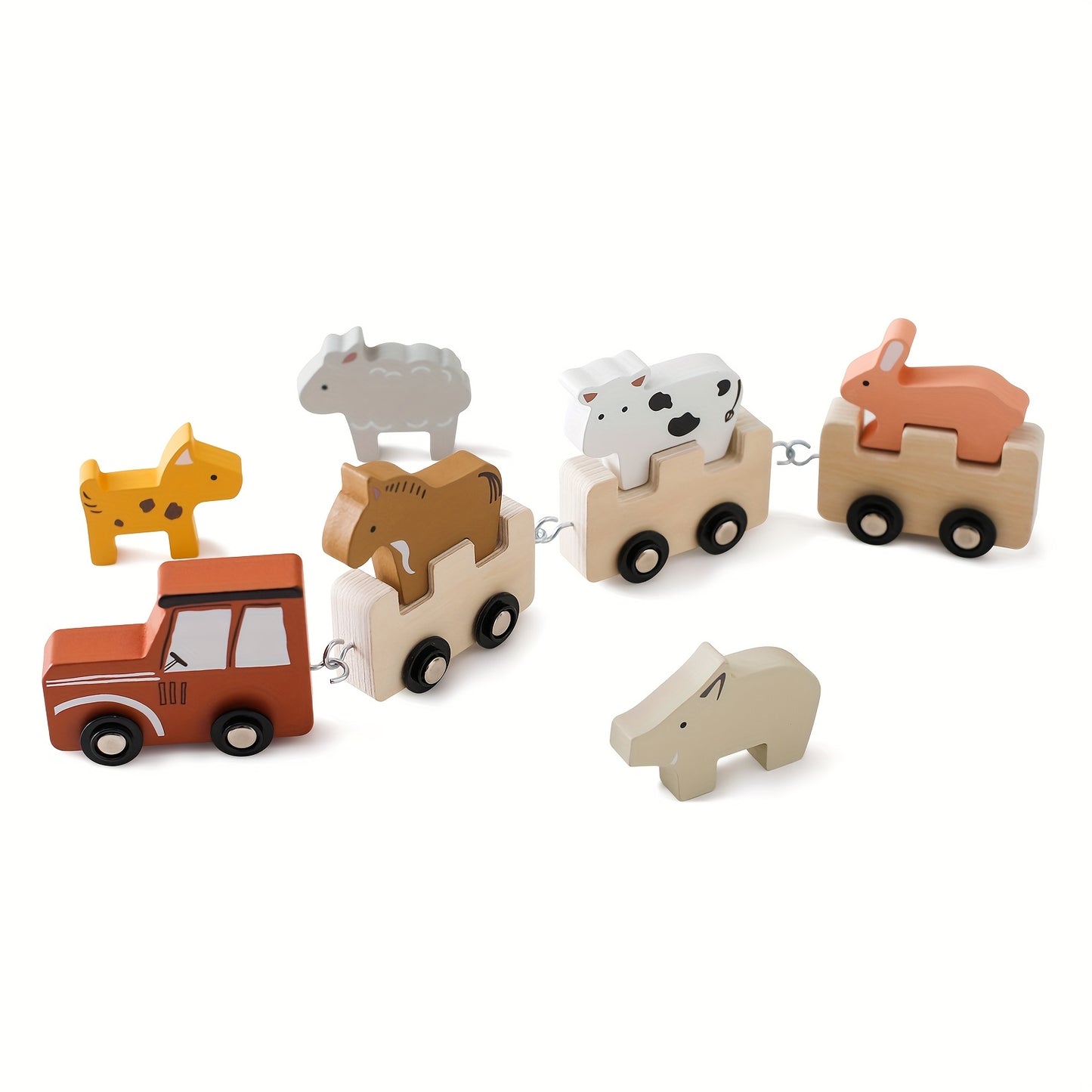 Wooden Farm Train Toy Set for Kids with Detachable Animals