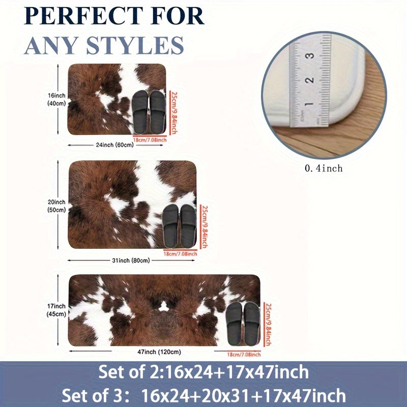 Brown and White Cow Print Kitchen Mat Set for Farmhouse Decor