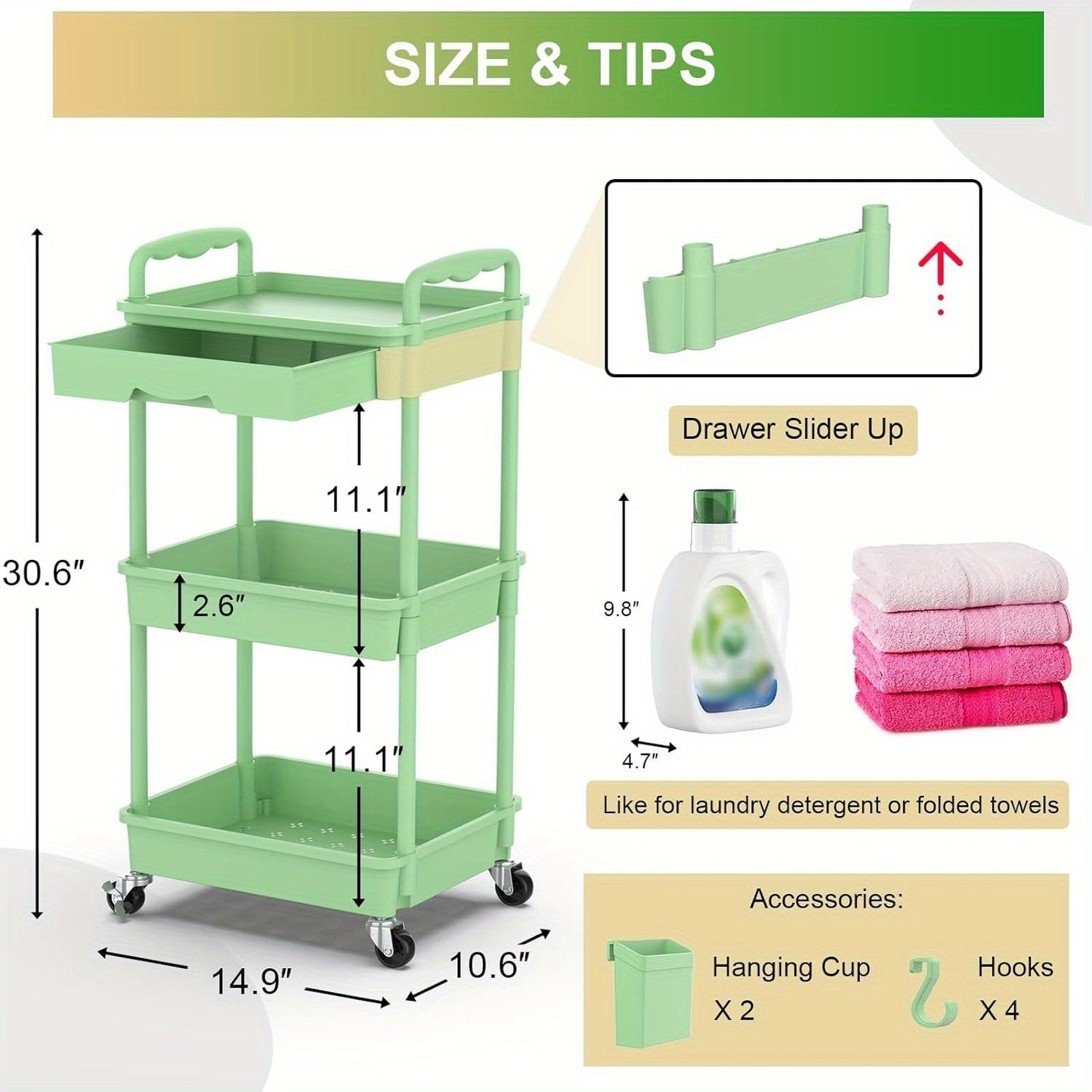Rolling Utility Cart Organizer with Removable Drawer in White
