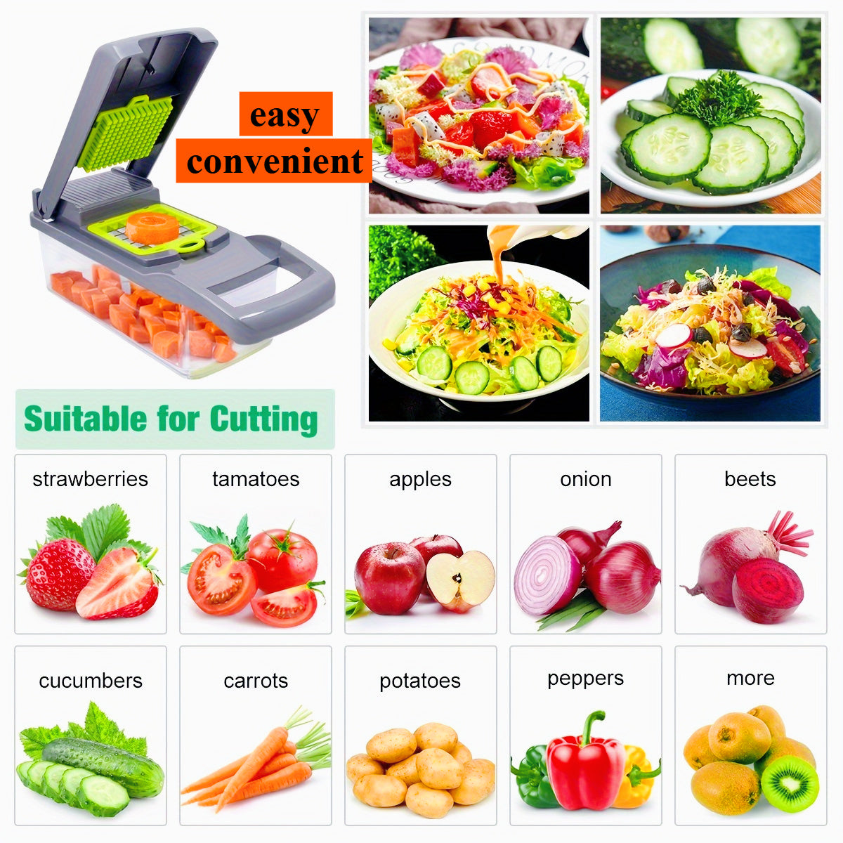 14 Piece Set Upgraded Vegetable Chopper Multifunctional Fruit Slicer Handle Food Grater Vegetable Slicer Cutter With Container Onion Mincer Chopper With Multiple Interchangeable Blades Household Potato Shredder Kitchen
