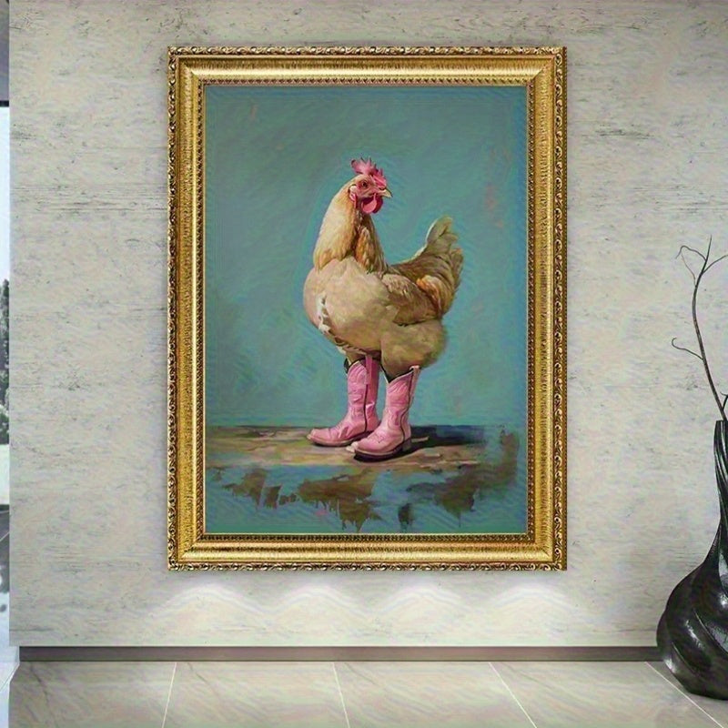 Whimsical Chicken in Pink Cowboy Boots Framed Canvas Art