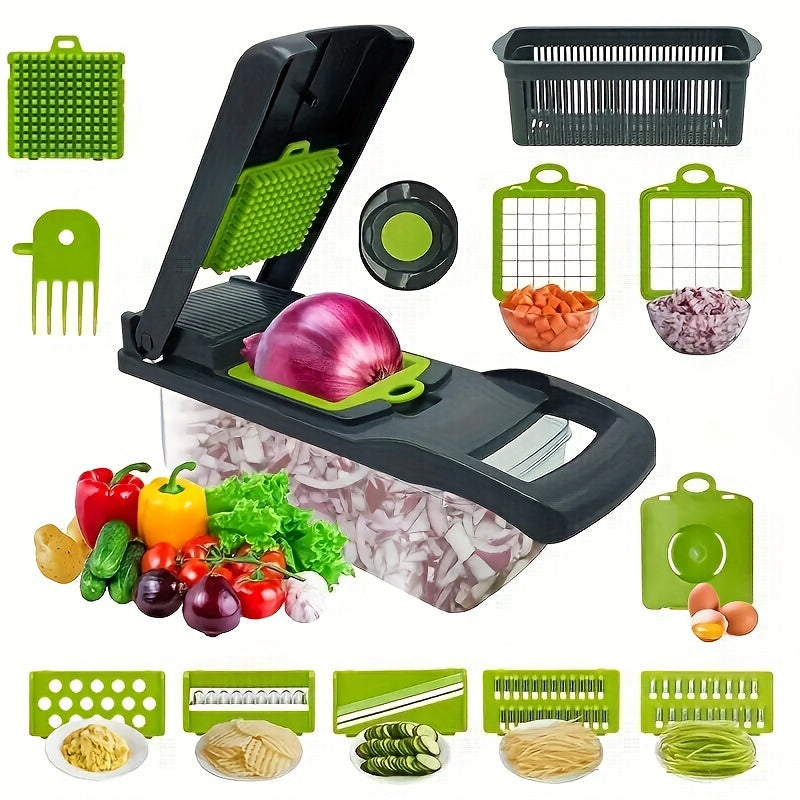 14 Piece Set Upgraded Vegetable Chopper Multifunctional Fruit Slicer Handle Food Grater Vegetable Slicer Cutter With Container Onion Mincer Chopper With Multiple Interchangeable Blades Household Potato Shredder Kitchen