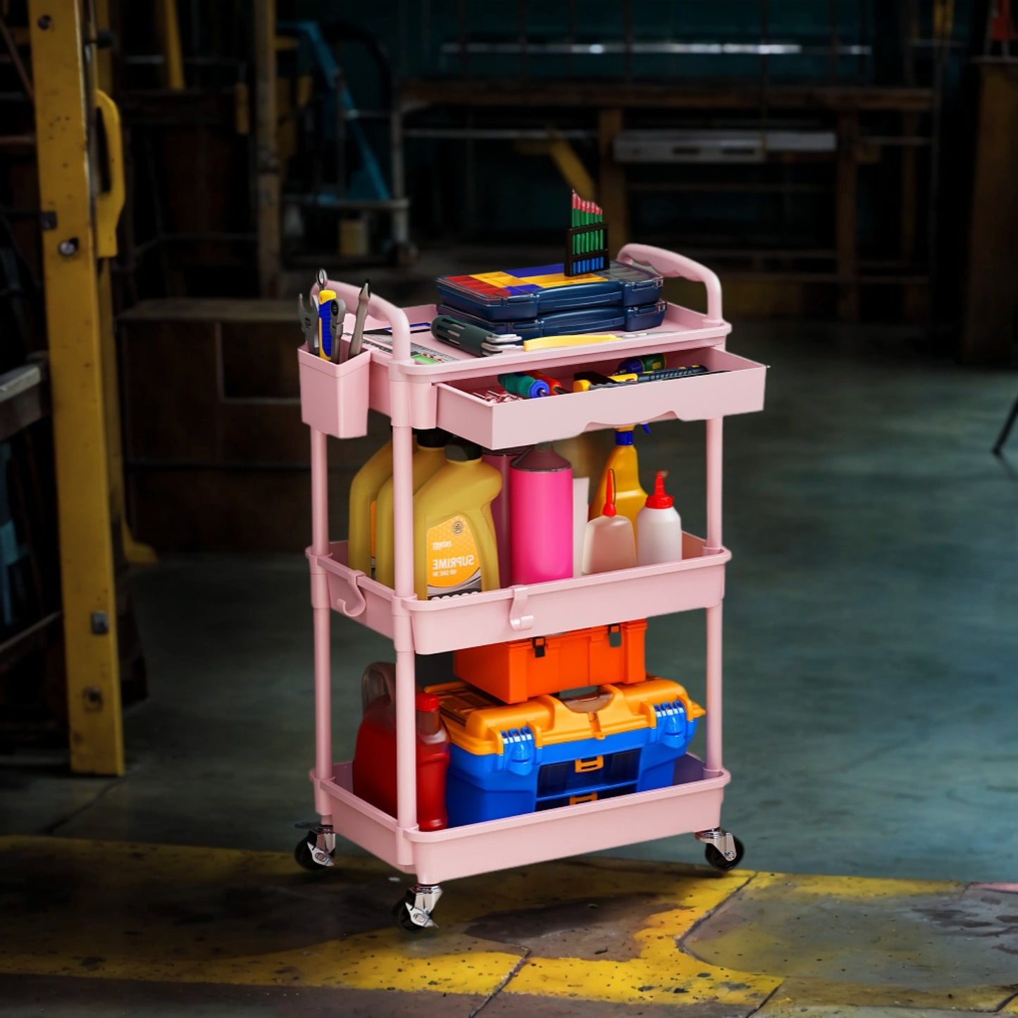 Rolling Utility Cart Organizer with Removable Drawer in White