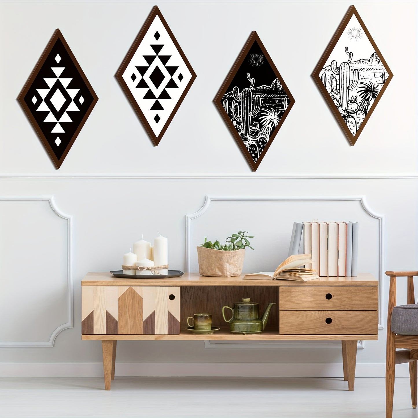 Boho Cactus Wall Decor Set of 4 Aztec Farmhouse Art Pieces