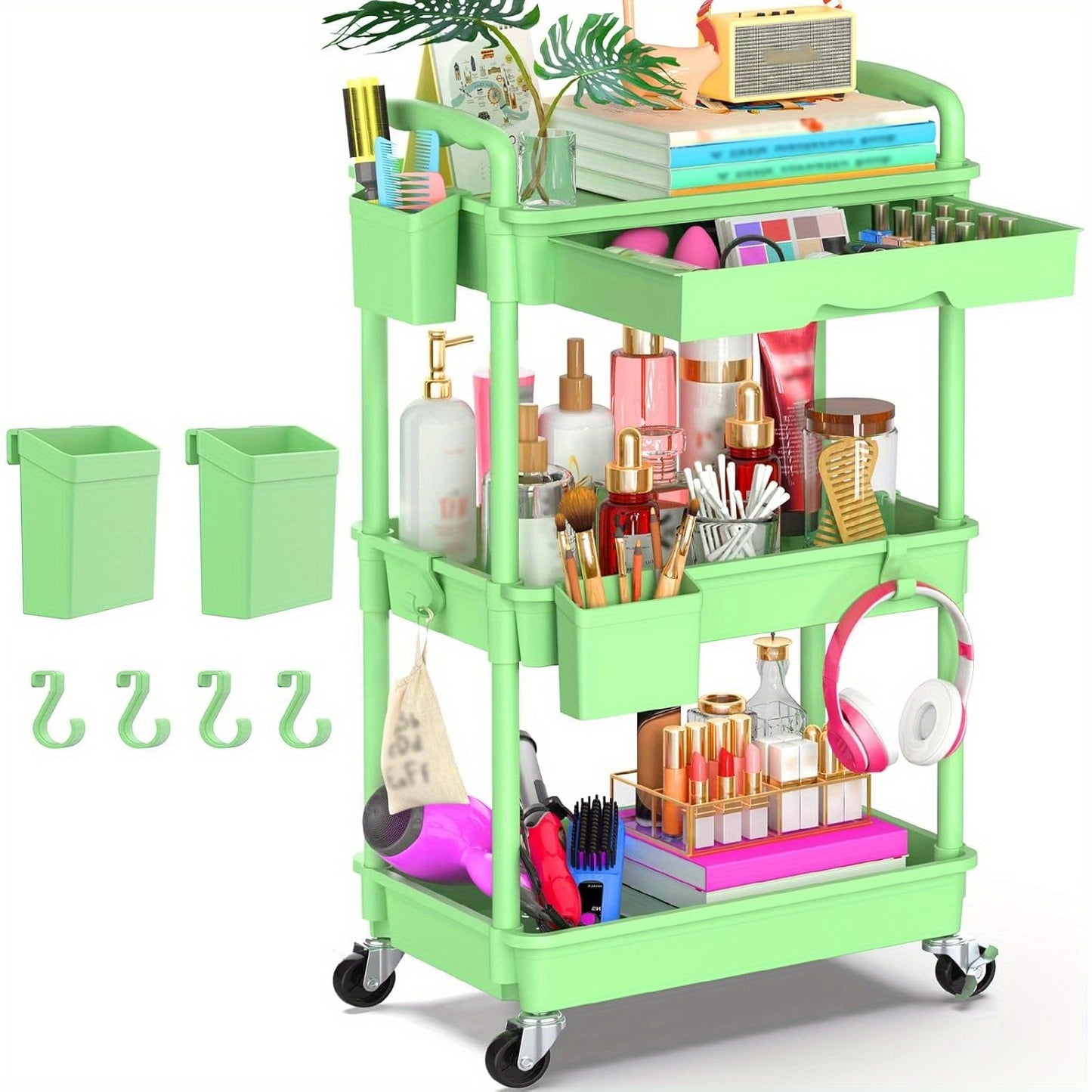 Rolling Utility Cart Organizer with Removable Drawer in White
