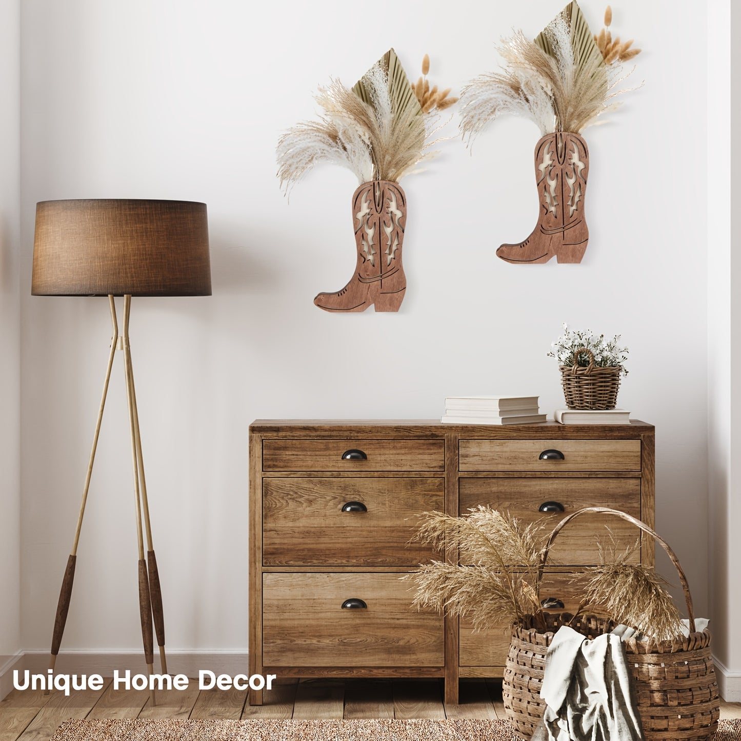 Wood Cowboy Boots Wall Planter Set for Indoor Plants Decor
