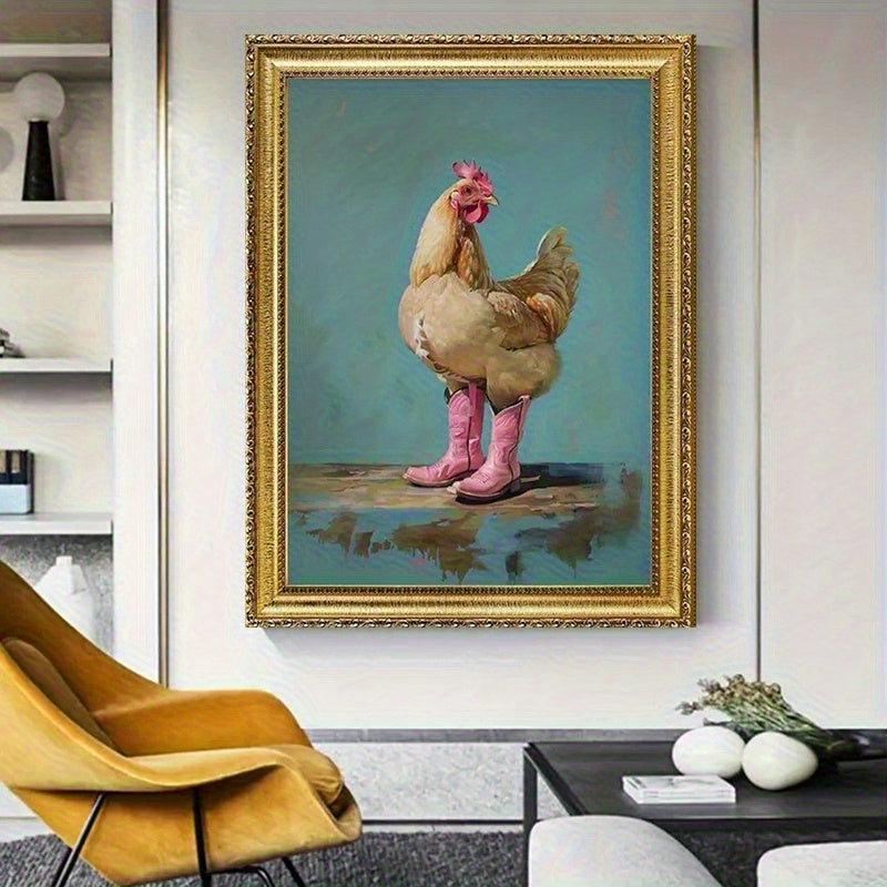 Whimsical Chicken in Pink Cowboy Boots Framed Canvas Art