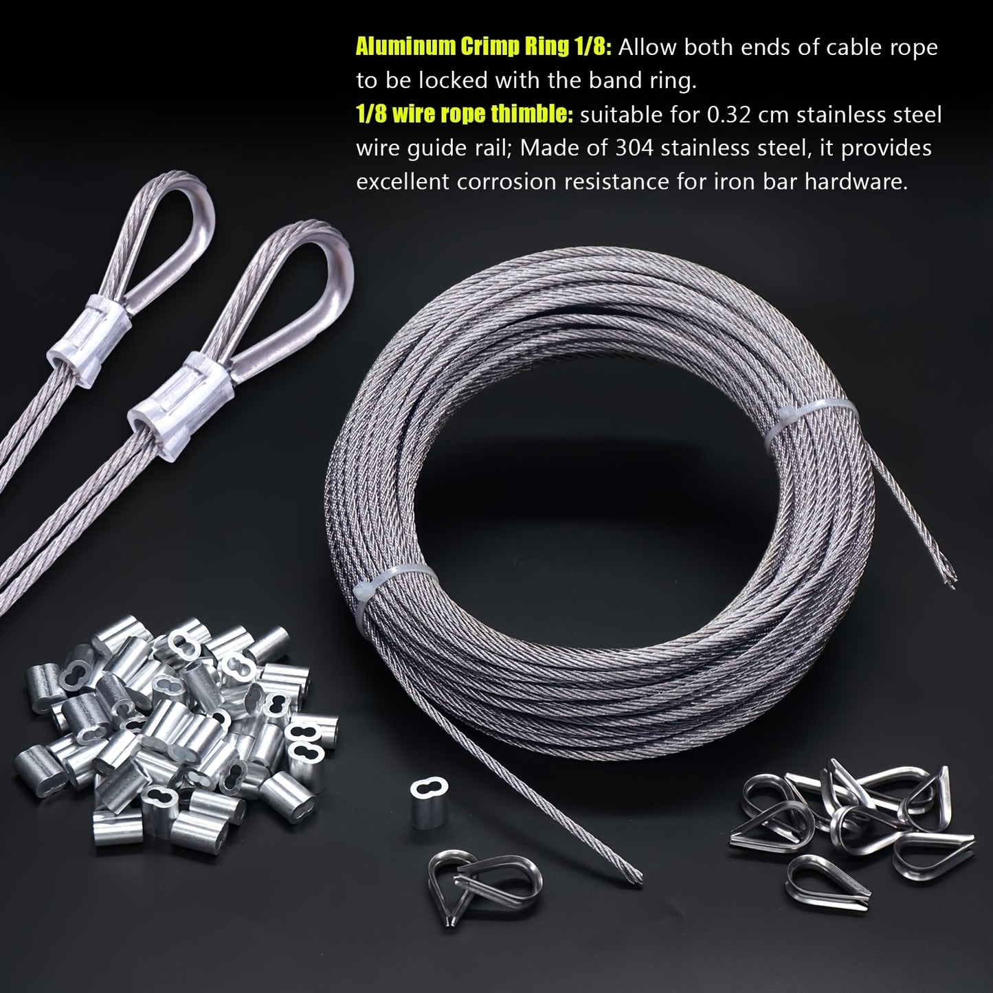 WERHOO 1/8 Inch Stainless Steel Wire Rope with Crimping Sleeves