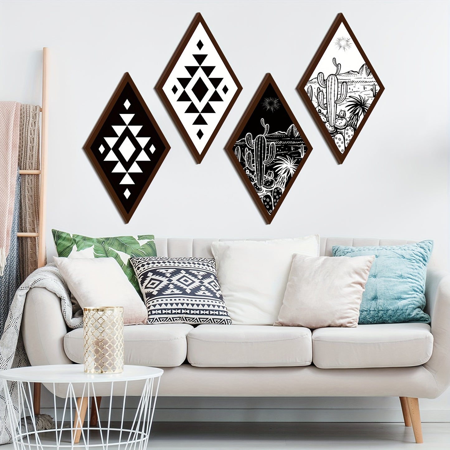 Boho Cactus Wall Decor Set of 4 Aztec Farmhouse Art Pieces