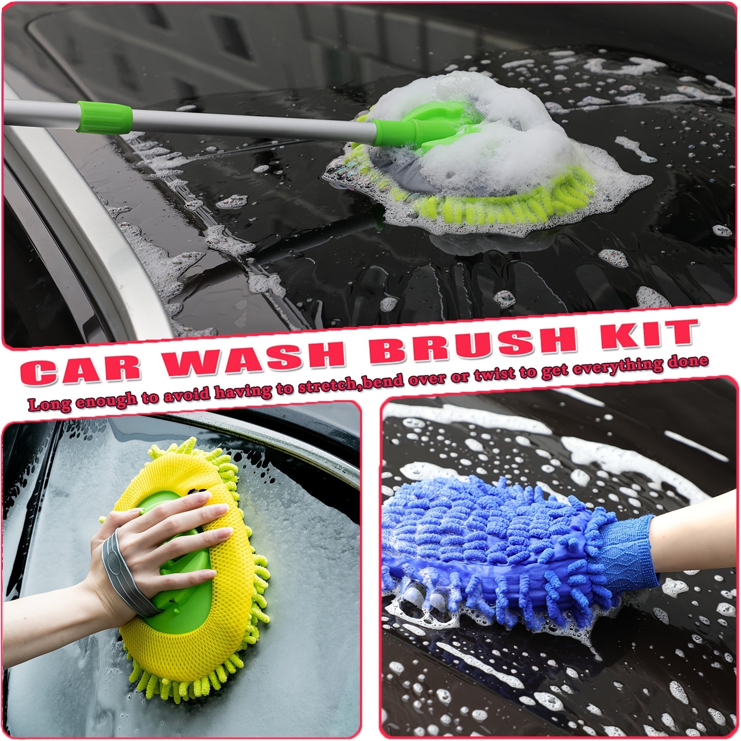48 Inch Long Handle Car Wash Brush Kit with Microfiber Mop Heads