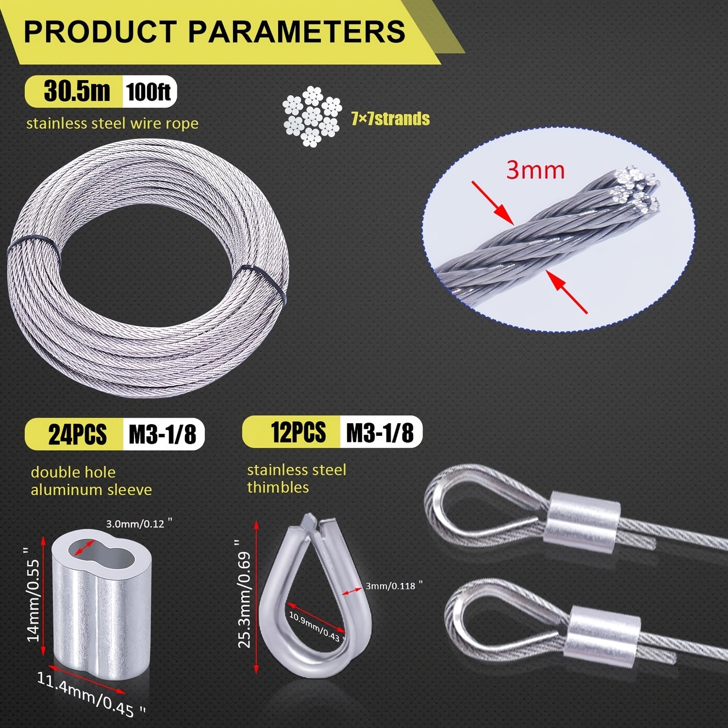 WERHOO 1/8 Inch Stainless Steel Wire Rope with Crimping Sleeves