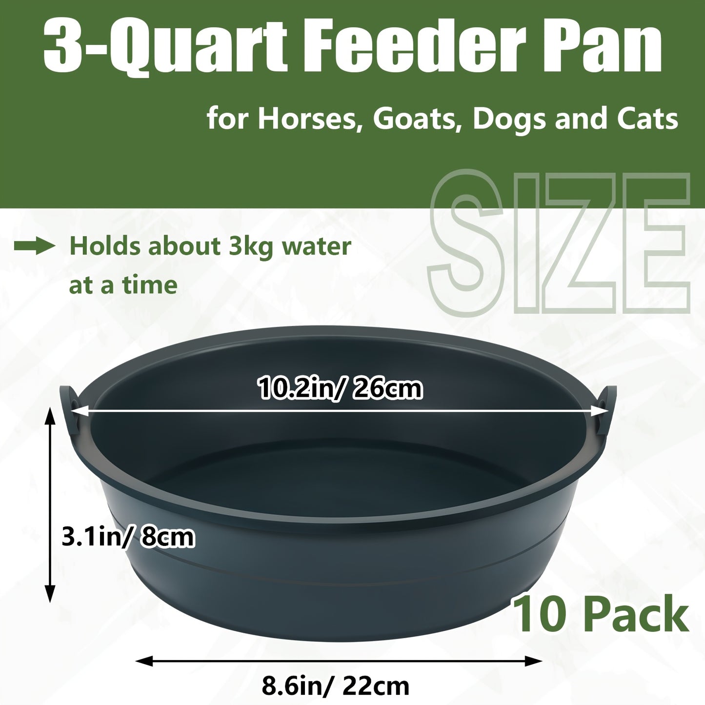 10 Pieces Durable PP Horse Feed Pans 3 Quart Capacity 10.2 x 3.1 Inch Utility Feeder for Horses Dogs Cats Goats and Chickens Non Rubber Smooth Glossy Surface Easy Grip Handles Pet Feeder