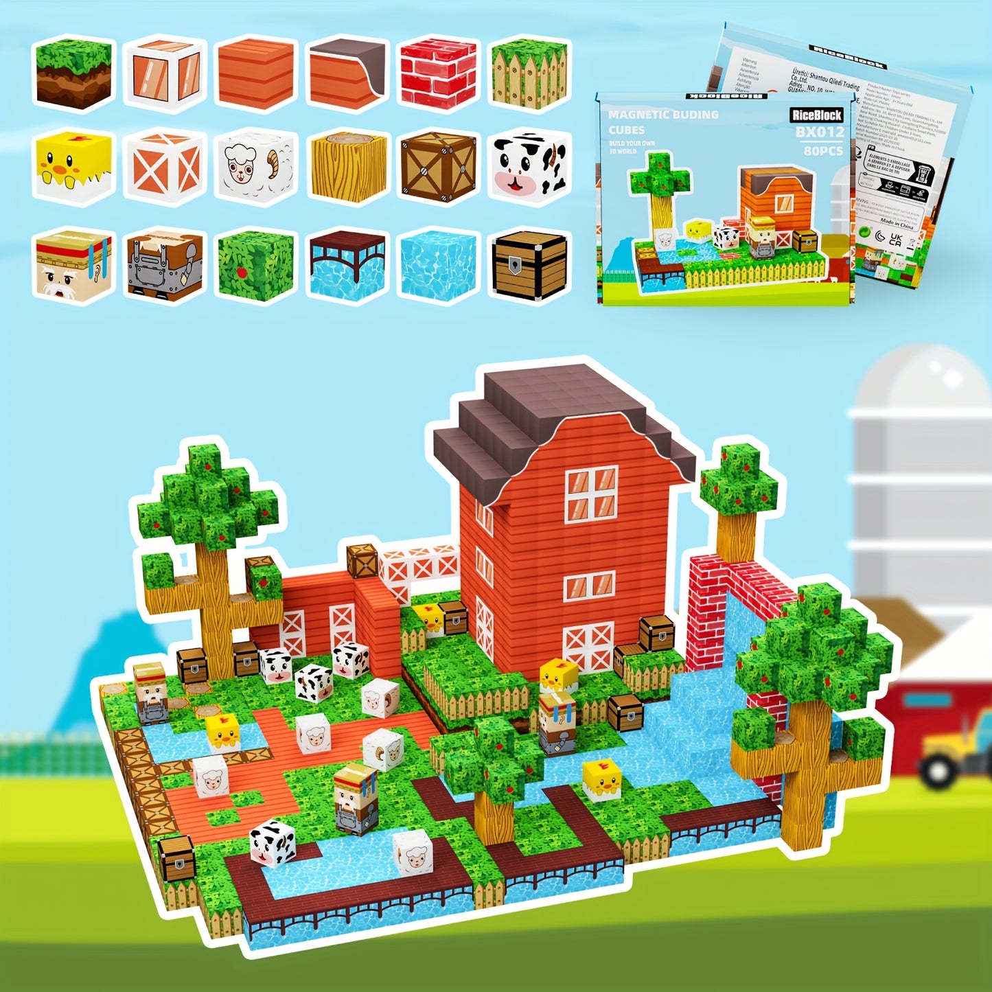 Magnetic Building Blocks Farm Theme 80pcs for Ages 3 Plus