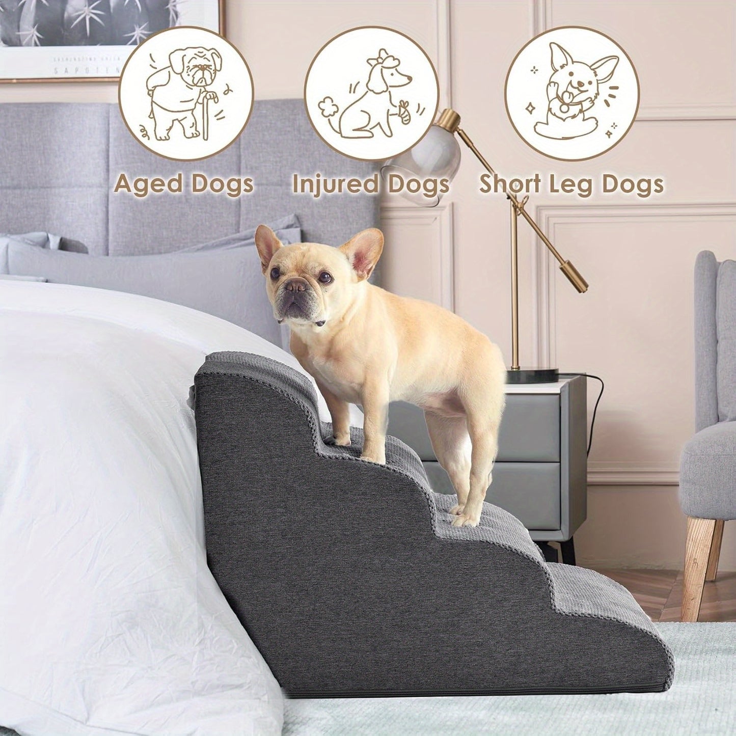 Curved 4-Step Dog Stairs Ramp for High Beds with Non-Slip Steps