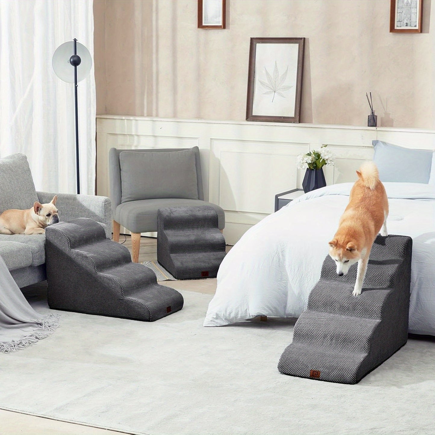 Curved 4-Step Dog Stairs Ramp for High Beds with Non-Slip Steps