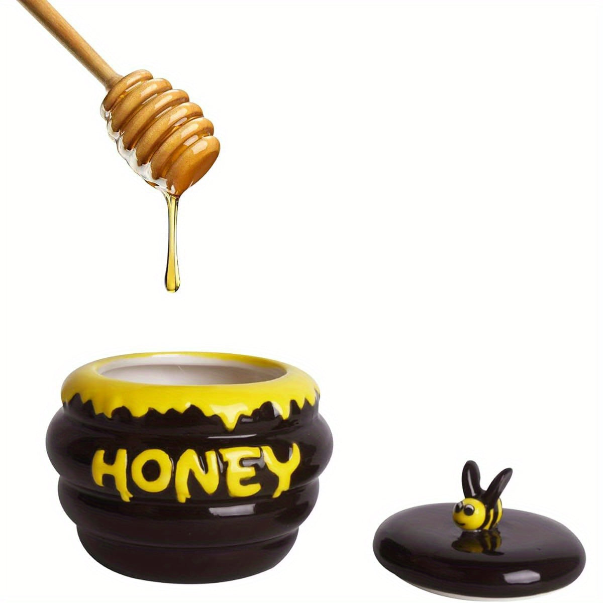 Mini Ceramic Honey Jar with Lid and Dipper in Bee Design