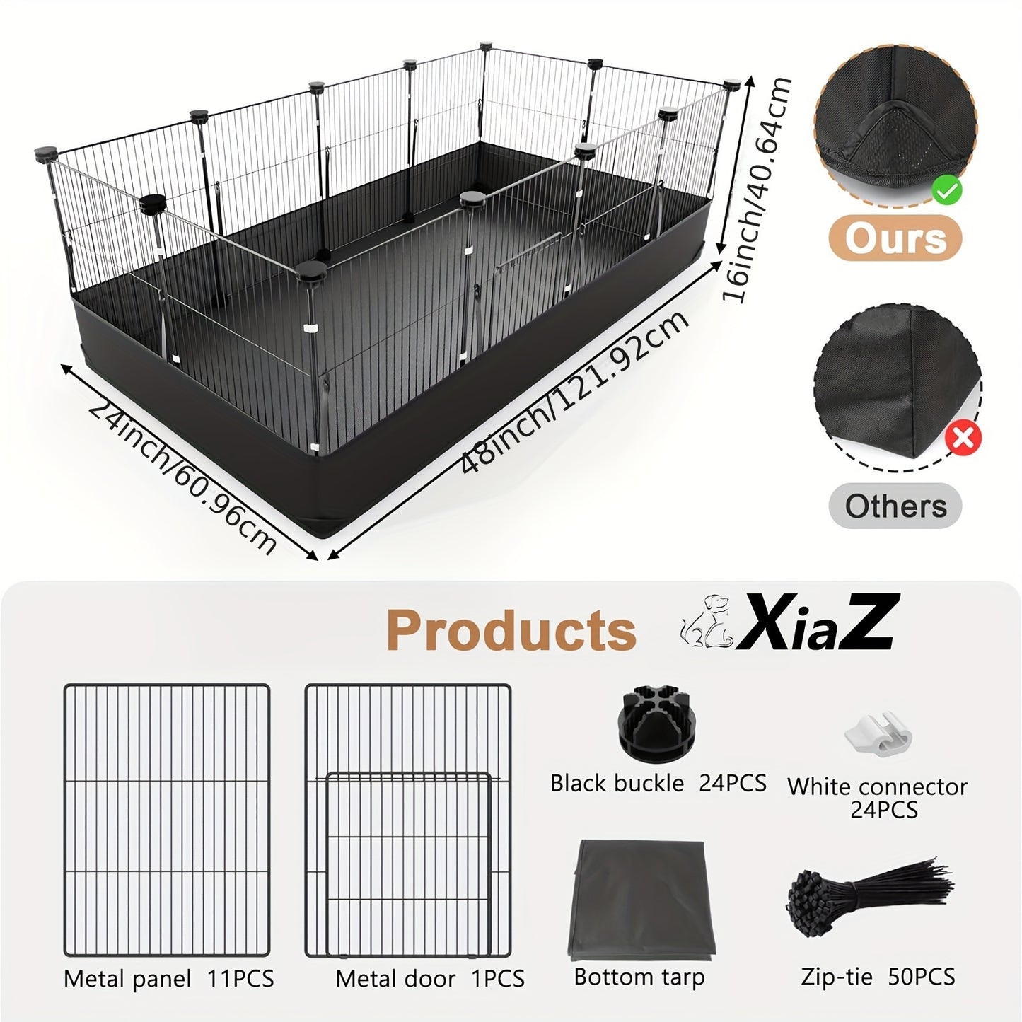Guinea Pig Cage with Waterproof PVC Bottom Liner One-Hand Release Hook Triple Fixing C And C Cage for Guinea Pigs Bunny Rabbit Hedgehog Small Animal Indoor Playpen 48 Inch L X 24 Inch W X 16 Inch H Black