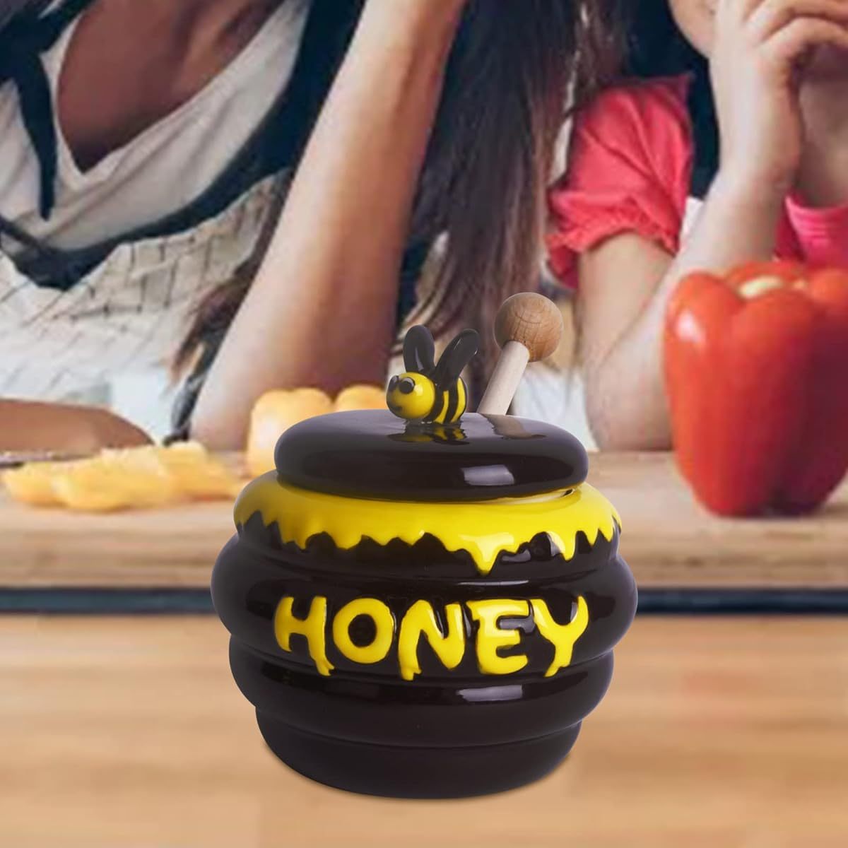 Mini Ceramic Honey Jar with Lid and Dipper in Bee Design