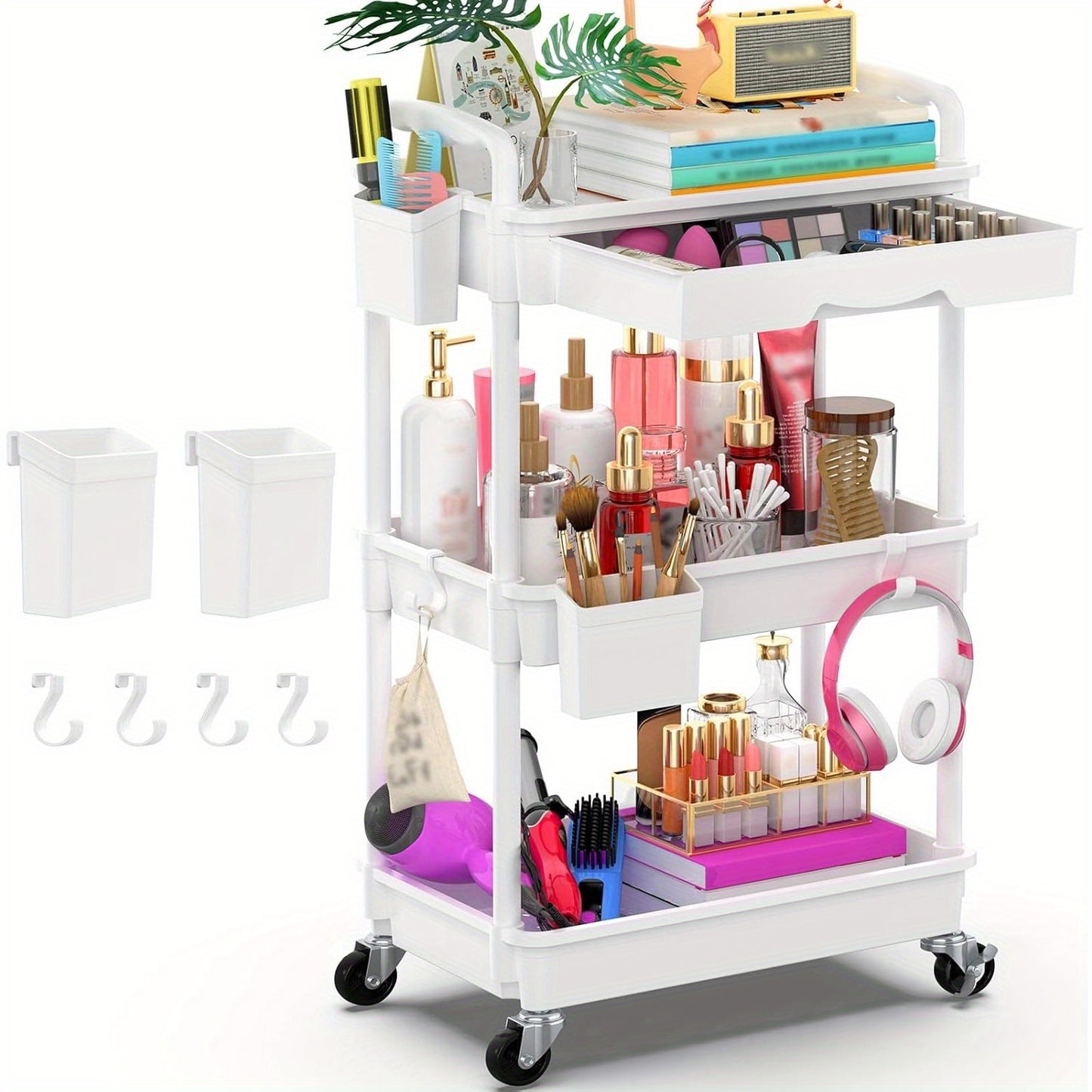 Rolling Utility Cart Organizer with Removable Drawer in White