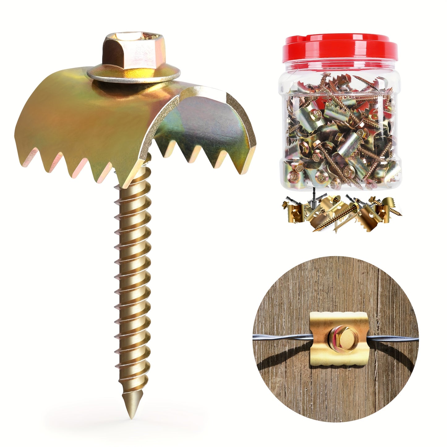 Heavy Duty Alloy Fence Staples for Wire Mesh and Softwood Reusable Quick Install Screws with Wire Holder Includes Red Plastic Container of Screws for Secure Fencing Solutions DIY Home Improvement U Shaped Staple Robust Solutions