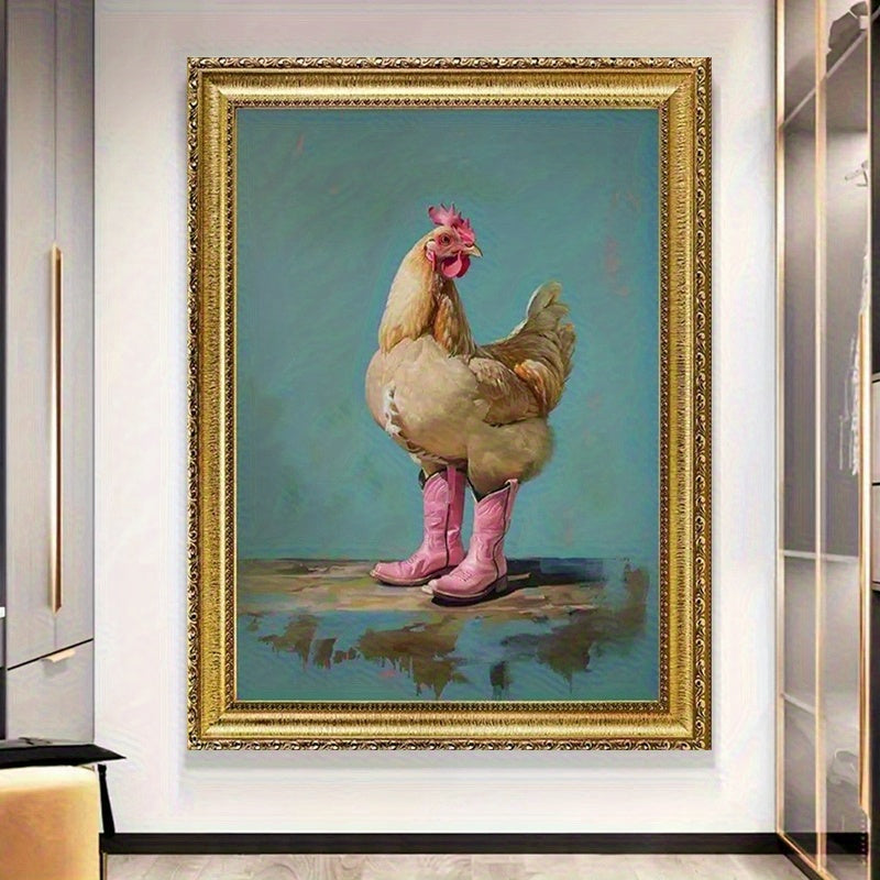 Whimsical Chicken in Pink Cowboy Boots Framed Canvas Art
