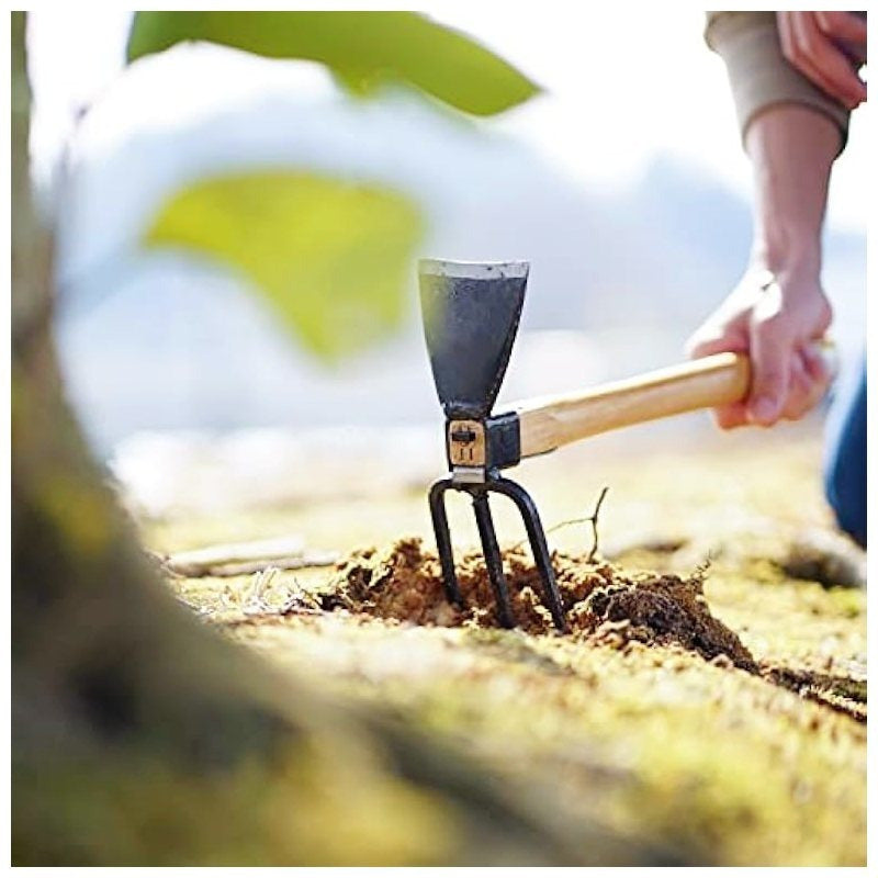 Multifunctional Dual Headed Hoe Garden Tool Stainless Steel Hoe and Cultivator Wood Handle Double Sided Cultivator Tool for Digging Loosening Soil and Weeding
