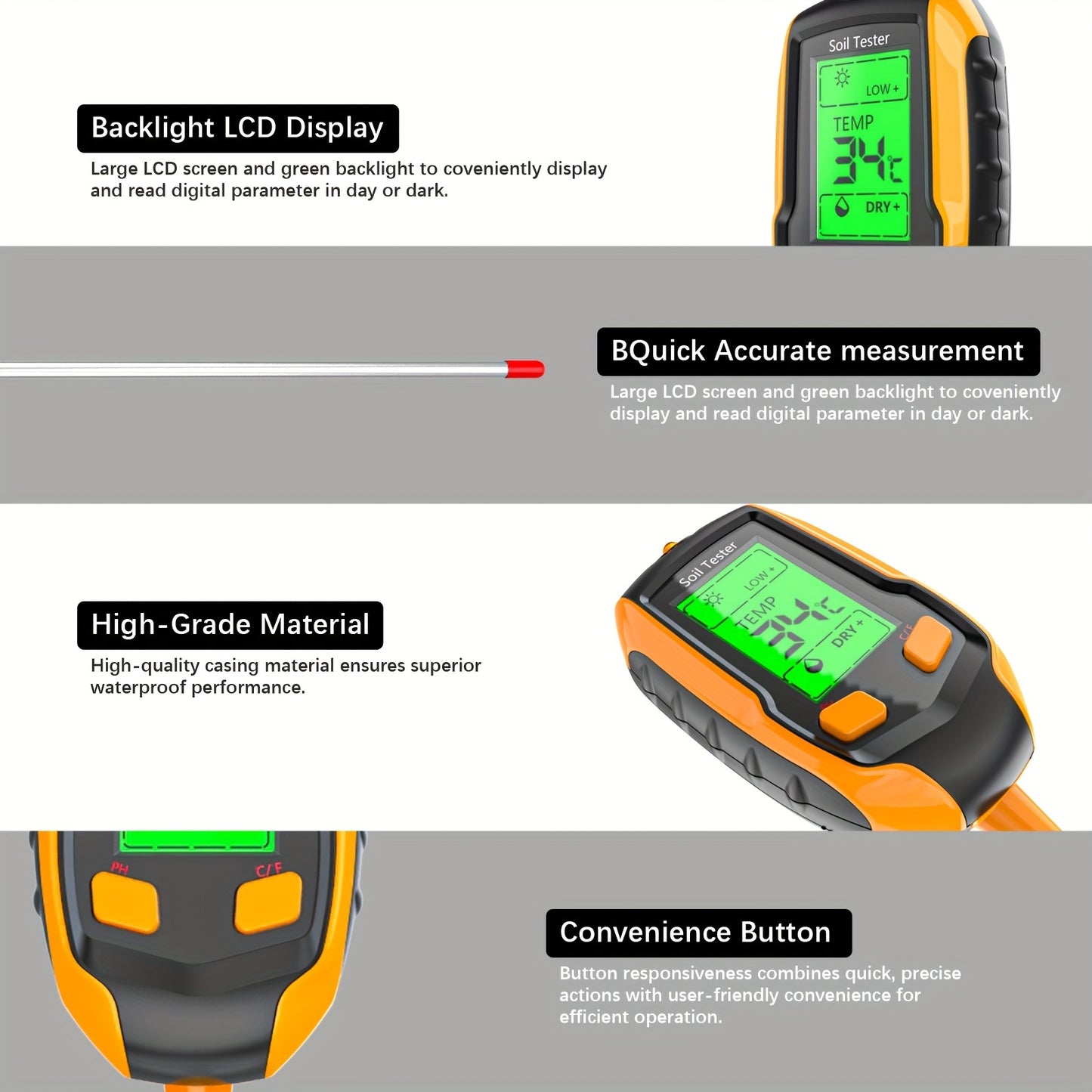 4 In 1 Soil Moisture Meter Digital PH Meter Soil Moisture Plant Temperature Sunlight Intensity Backlight LCD Display Soil Test Meter For Garden Lawn Plant Care Farm And Indoor Outdoor Plants