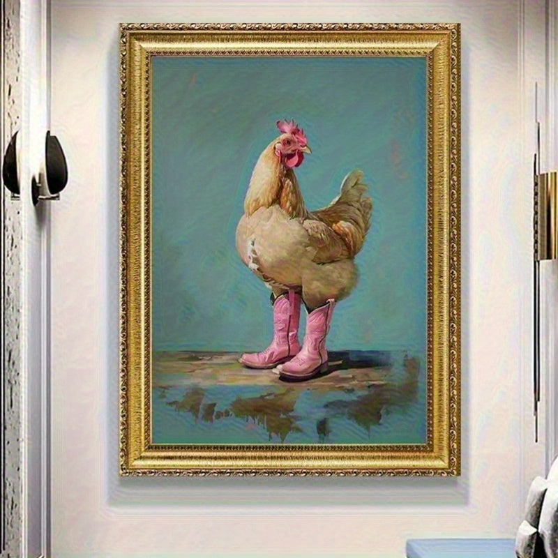 Whimsical Chicken in Pink Cowboy Boots Framed Canvas Art