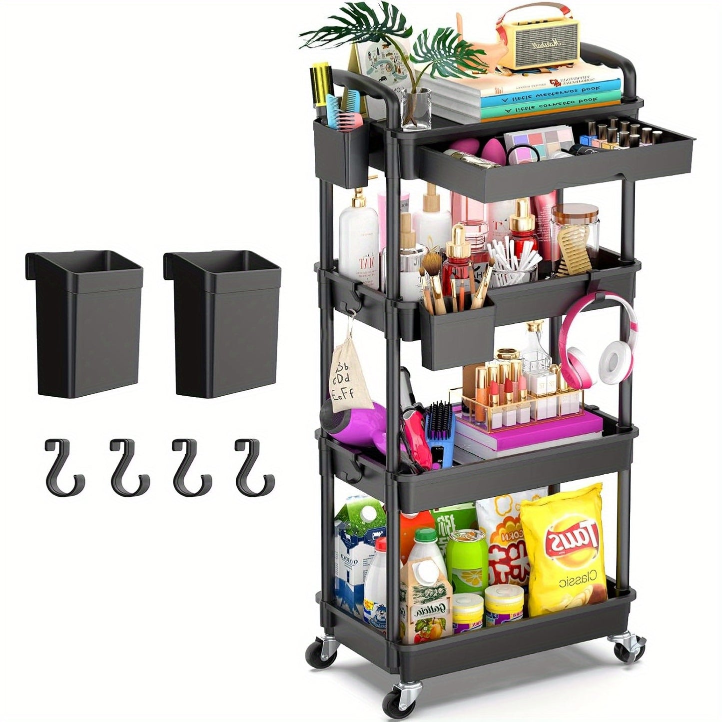Rolling Utility Cart Organizer with Removable Drawer in White