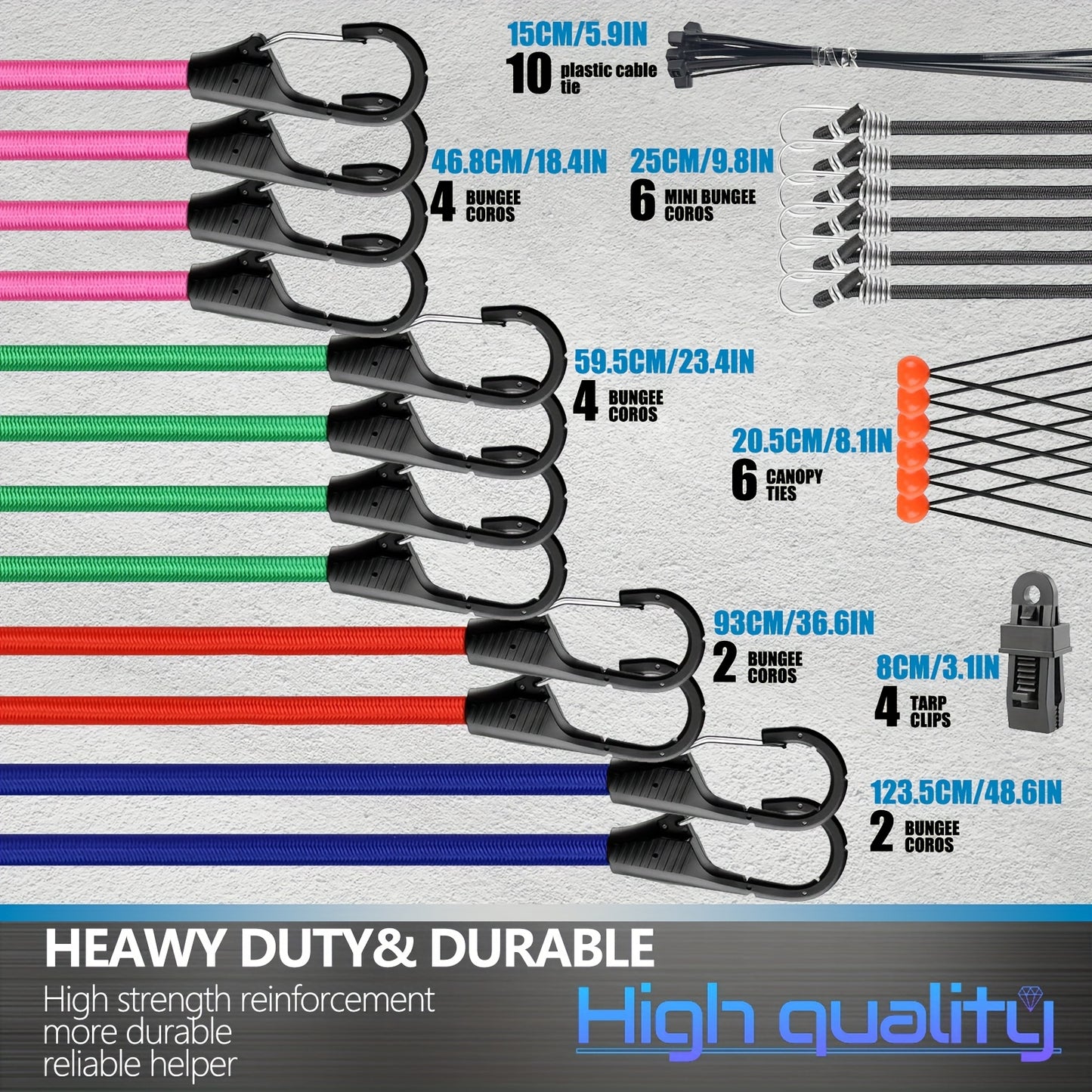 38pcs Premium Elastic Cords With Hooks, Includes 18", 20", 32", 40"